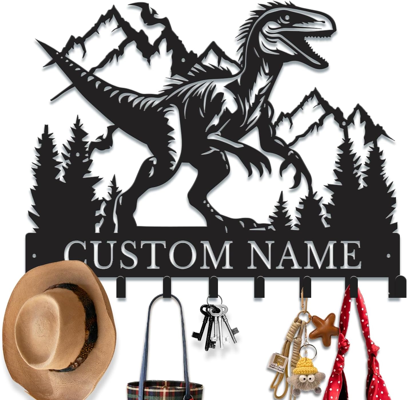 Personalized Dinosaur Metal Key Holder, Custom Jurassic Key Hook Coat Rack with Name, Kids Room Decor & Dino-Lover Entryway Organizer (Style-1)