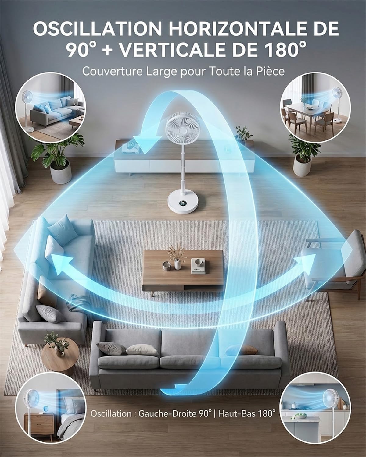Ventilateur sur Pied Portable 10 Pouces Rechargeable, Moteur Sans Balais, 6 Vitesses, Oscillation 90°/180°, Hauteur Réglable, Minuterie 4 Modes, Télécommande Magnétique, Lumière d’Ambiance