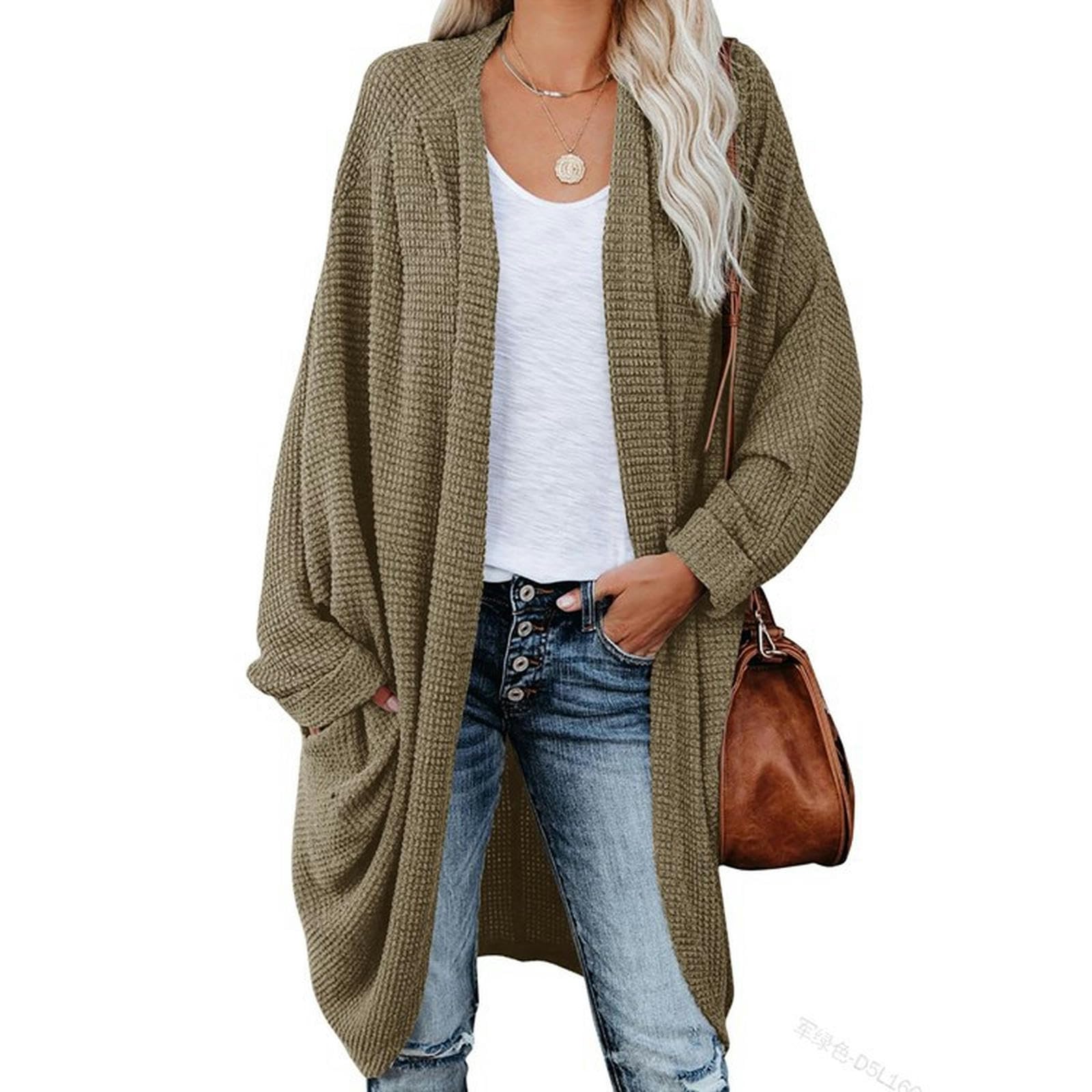 Cardigan in Maglia con Tasche, alla Moda, Allentato e con Risvolto - Verde Scuro - S