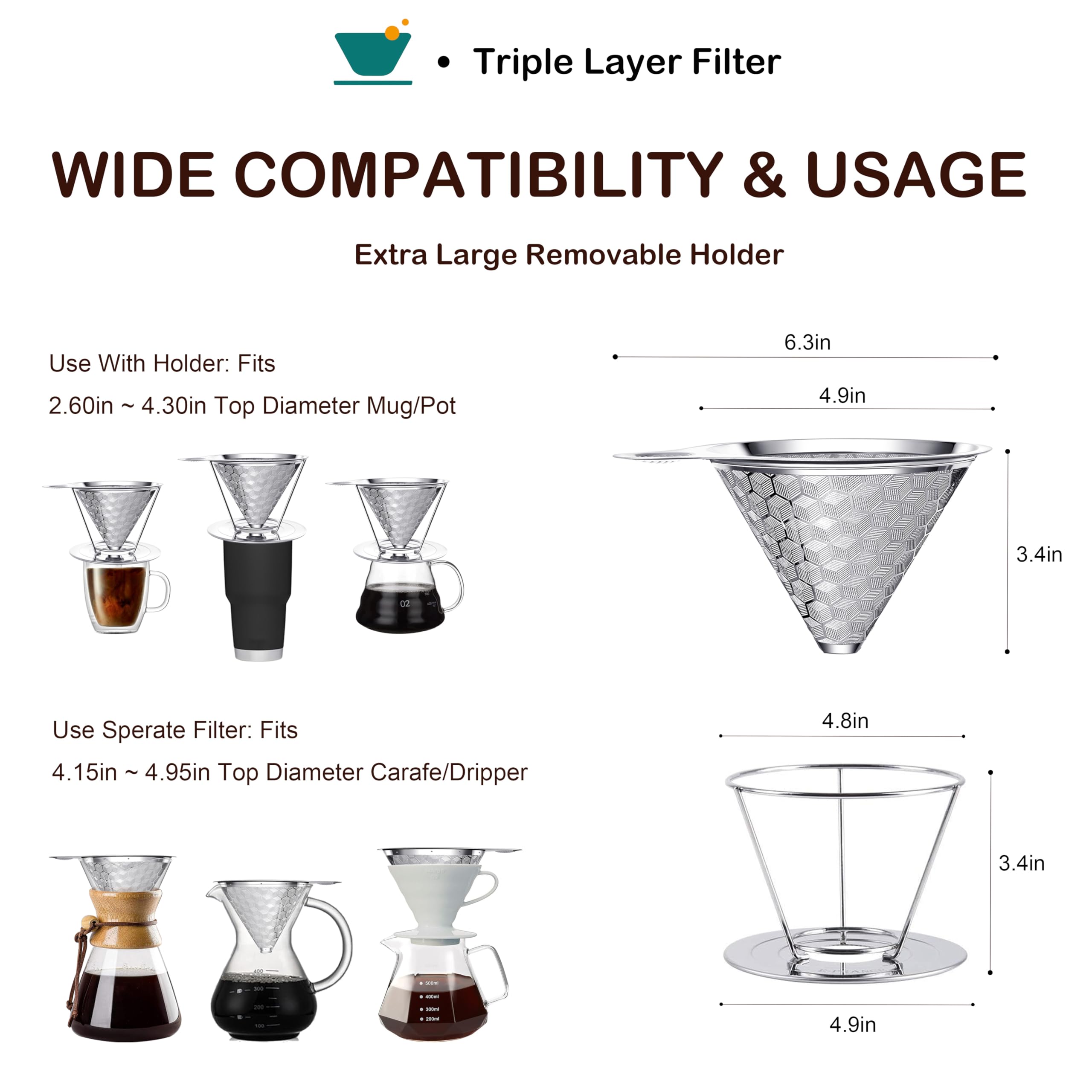 Filtro de café de acero inoxidable de triple capa, fácil de limpiar, sin papel, reutilizable y permanente, con soporte, compatible con Hario V60