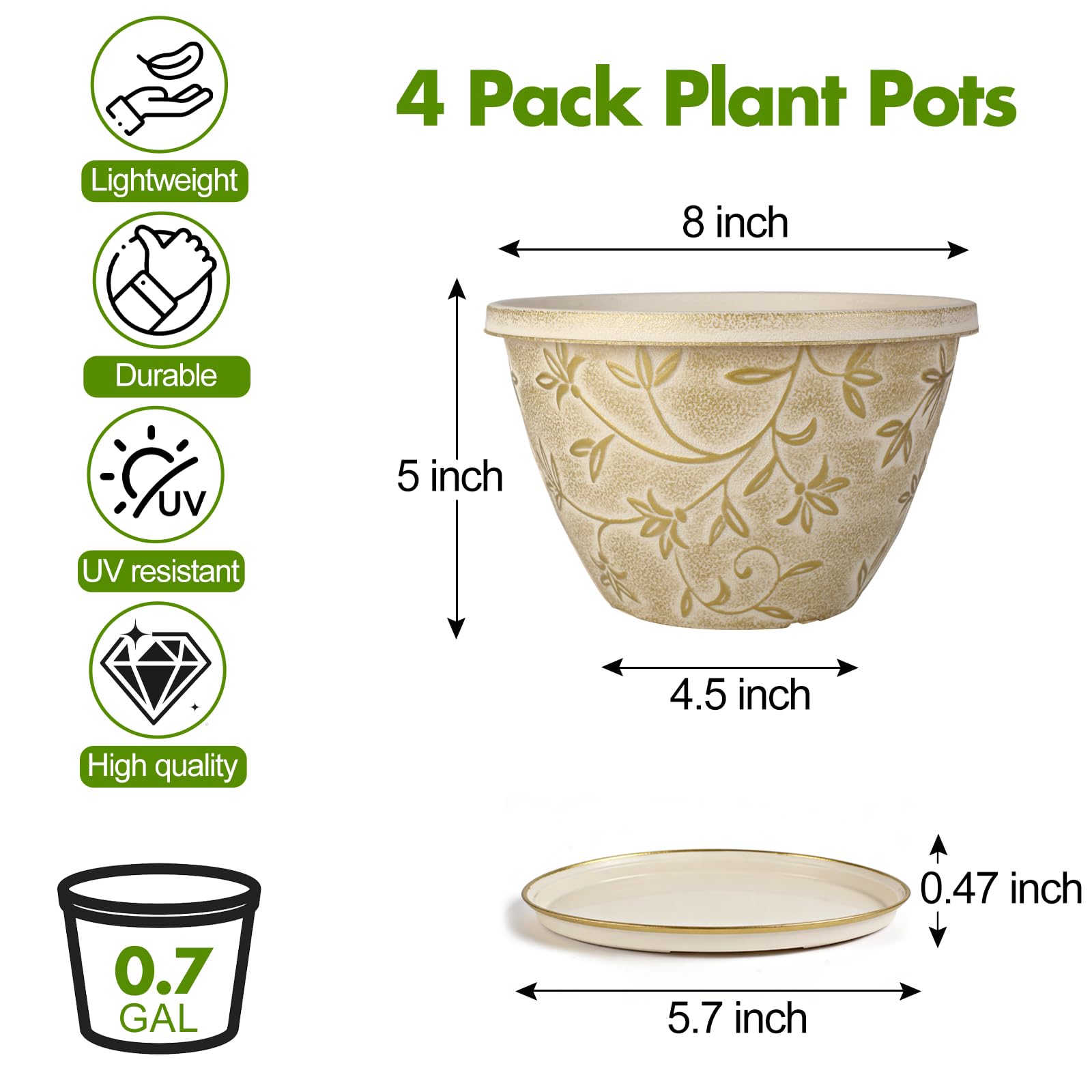 Nooulap Maceta de 8 pulgadas con agujero de drenaje, paquete de 4 macetas de plástico para plantas de interior y exterior, maceta pequeña decorativa para escritorio, balcón y jardín (beige)