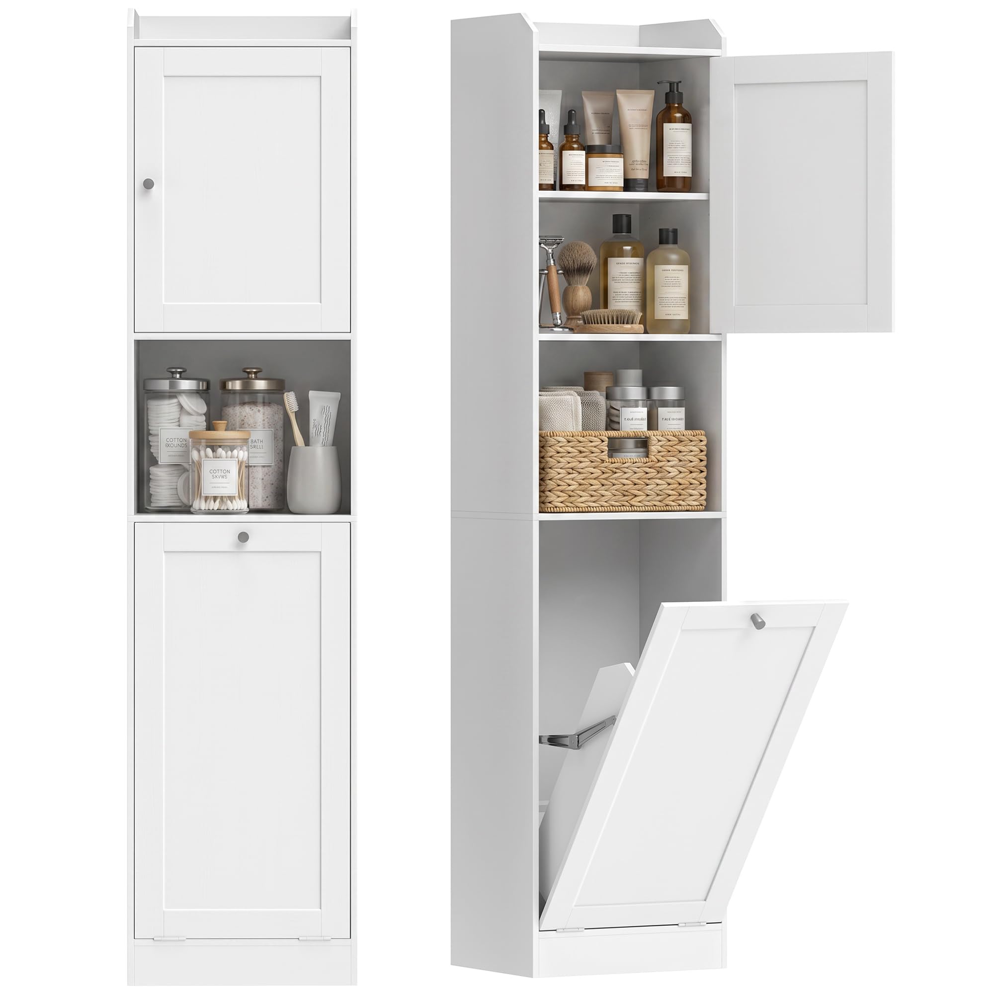 HOMCOM Armario Alto de Baño con Cesto Ropa Sucia, 40x30x170 cm, Blanco | Mueble de Baño Estrecho, Compartimentos Abiertos, Estantes Ajustables, para Espacios Pequeños