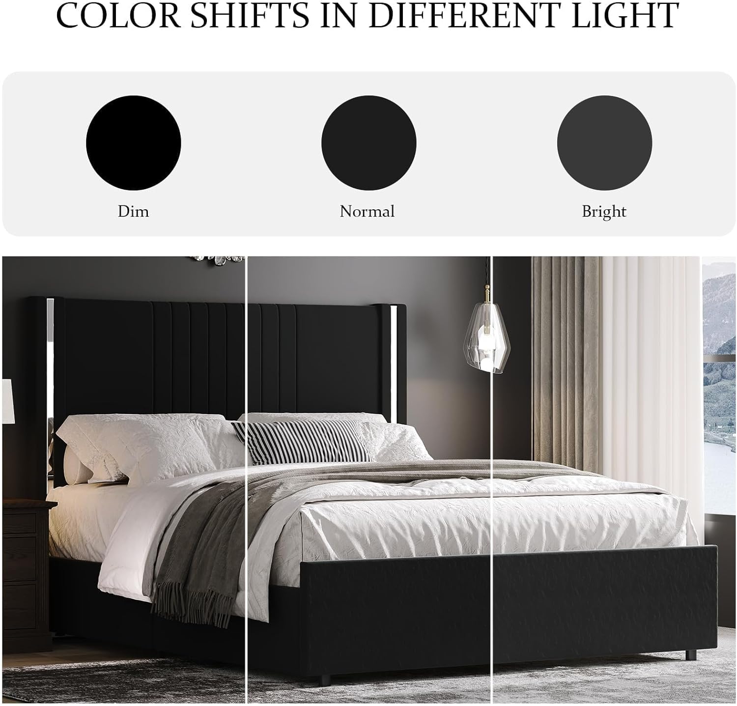 HOMBCK Queen Bed Frame, Velvet Upholstered Platform Bed with Channel Tufted Headboard and Plating Trim, Wingback,Wooden Slats, No Box Spring Needed, Black