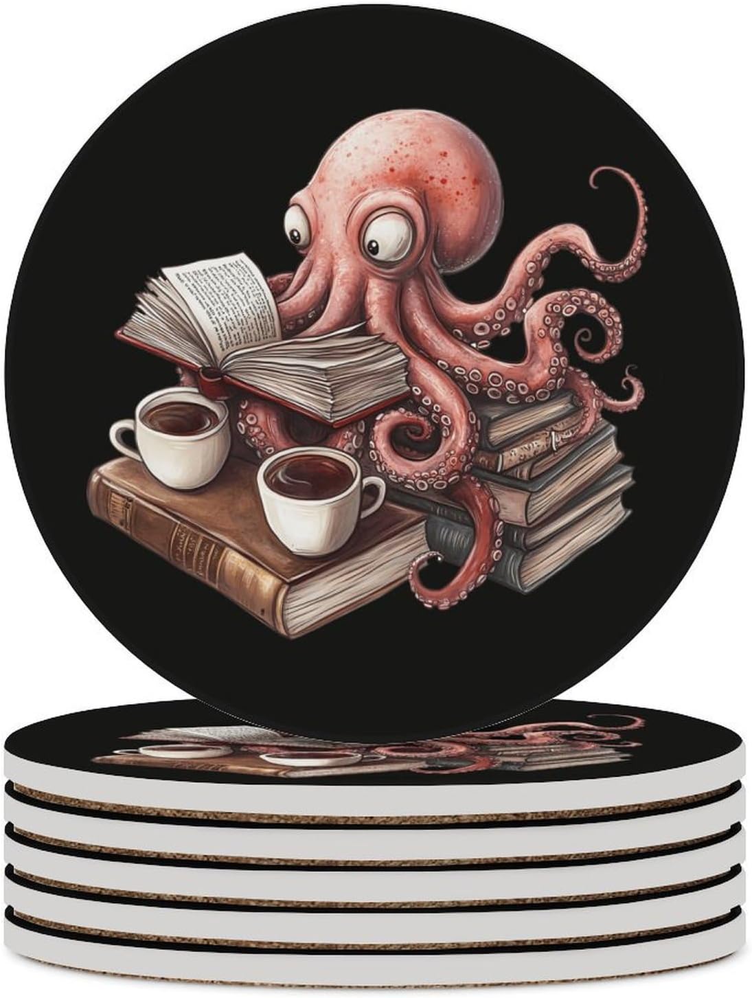 Octopus Reading Book Coffee Coasters for Drink Round Ceramic Coaster with Cork Base Home Decorative 6PCS