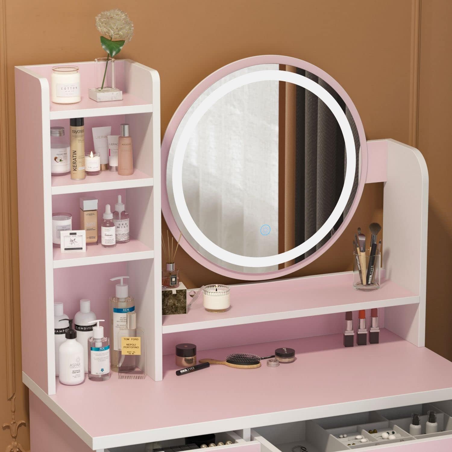 FAMAPY Vanity Desk with Mirror and Lights, Makeup Vanity with Lights and Drawers, Vanity with Mirror & Shelves, Cushion Stool, Pink 31.5”W x 15.7”D x 53.1”H