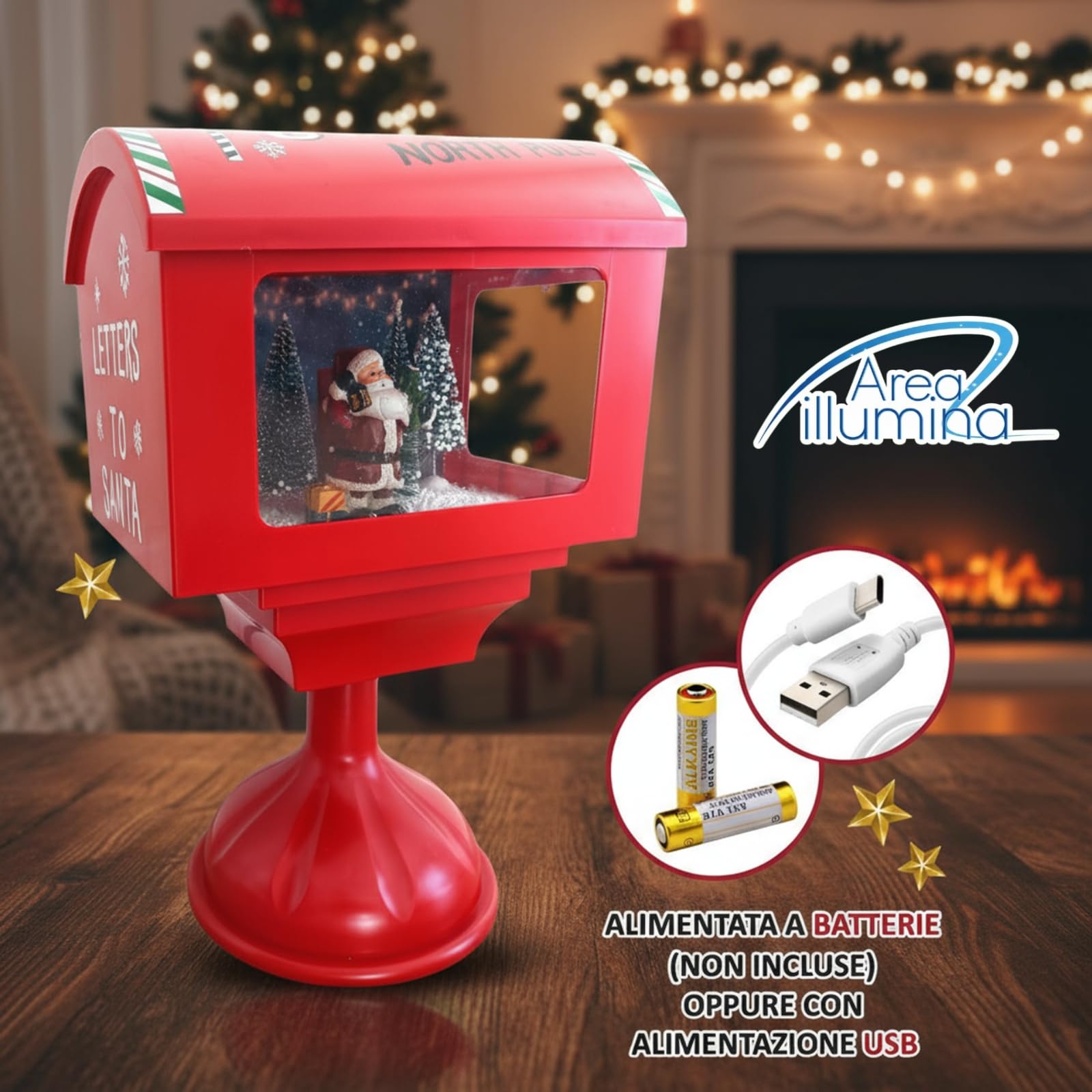 Cassetta Posta di Santa Claus Rossa con LED, Musica e Neve – Decorazione Natalizia Luminoso e Musicale per Casa, Vari Modelli (Cassetta con Piede)