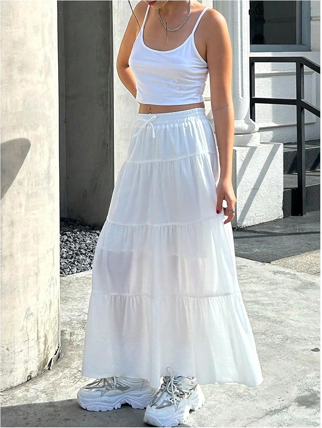 OYOANGLE Girl's Tiered Ruffle Long Skirt Elastic Waist Flowy A Line Boho Beach Skirts - Image 4