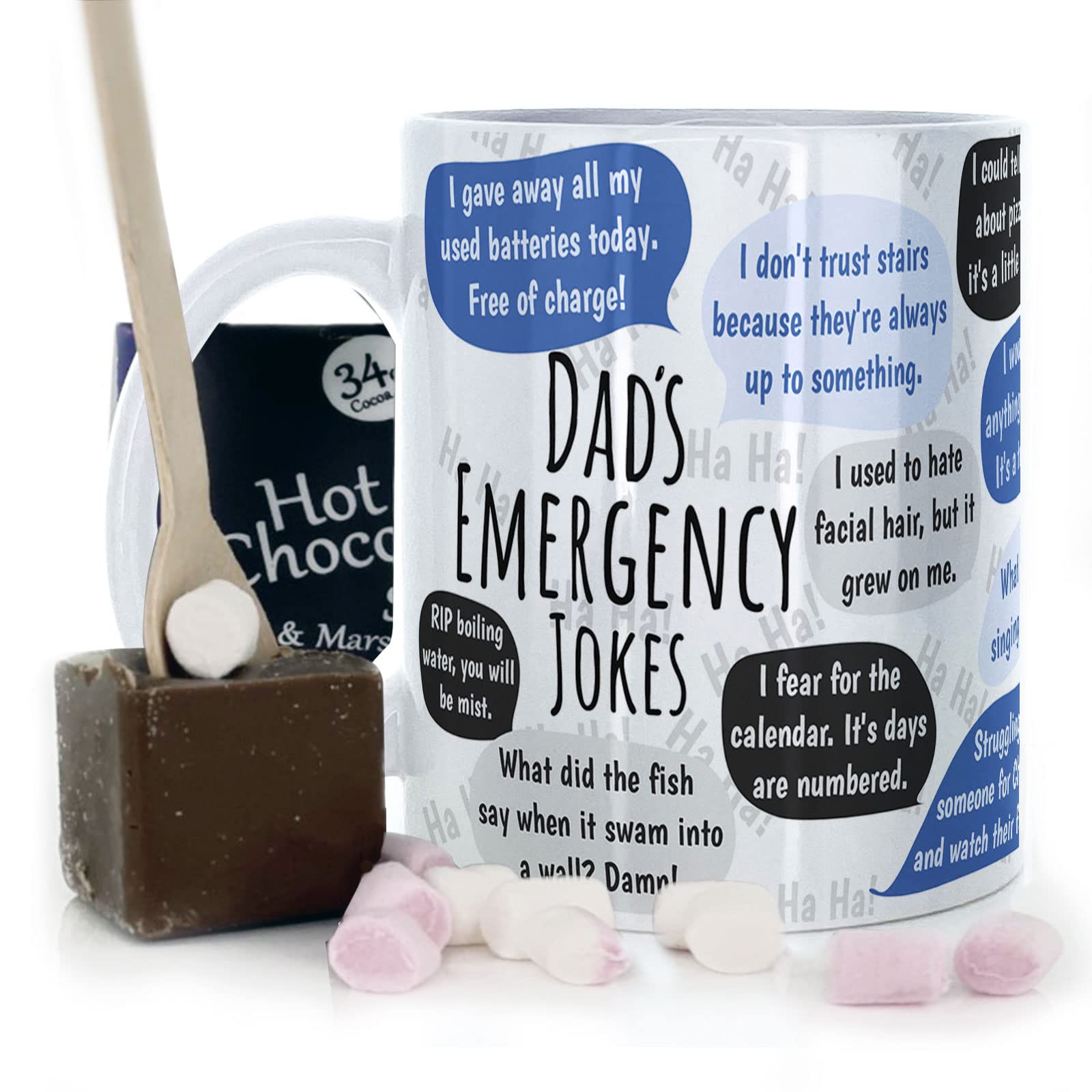 Hairyworm Funny Dad Mug - Emergency Dad Jokes Mug and Belgian Milk Chocolate/Hot Chocolate Stirrer Marshmallow Gift Set, 11oz, White, Yellow, Blue, Black, Pink, Father's Day โ image 1