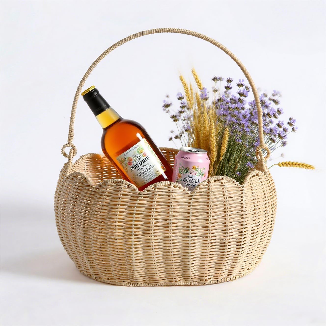 Scalloped Edge Round Basket with Handle, Super Sturdy Wicker Storage Baskets, Hand Woven Basket for Shelves,Natural Baskets for Organizing (White Rattan 12.6"*9"*6.1")
