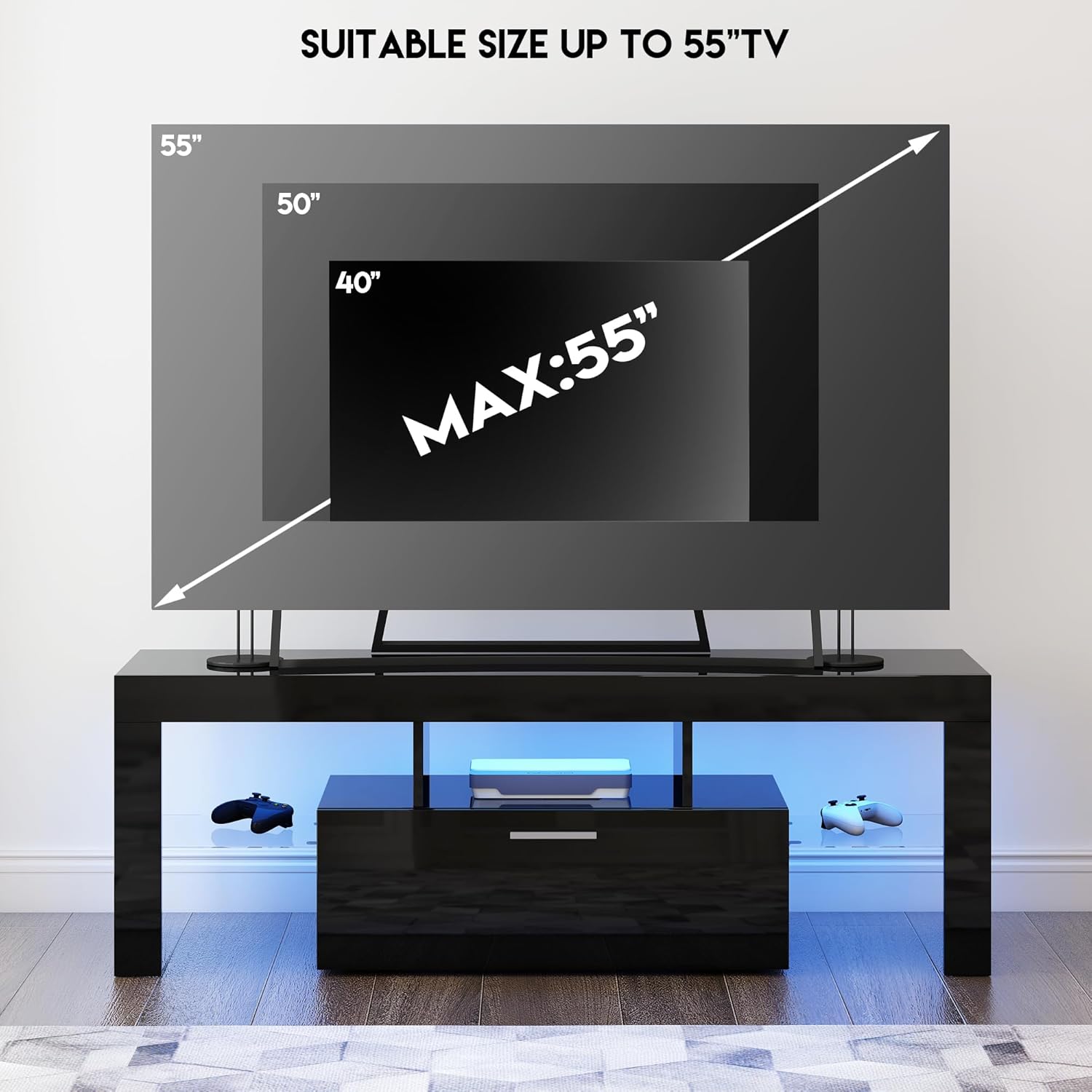 Modern Black TV Stand for 32/40/50/55+ Inch TV, Entertainment Center TV Console, LED TV Table Stand with Storage & Glass Open Shelves for Living Room, Bedroom