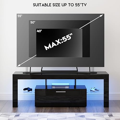 Miniatura 6 de Moderno soporte de TV negro para TV de 32/40/50/55+ pulgadas, consola de TV centro de entretenimiento, soporte de mesa de TV LED con almacenamiento