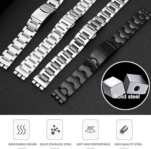 Vista 5 de ZHUOLEI Swatch Correa de reloj de repuesto de acero inoxidable con doble bloqueo, reemplazo para relojes Swatch Hombre (0.669in, 0.748in)