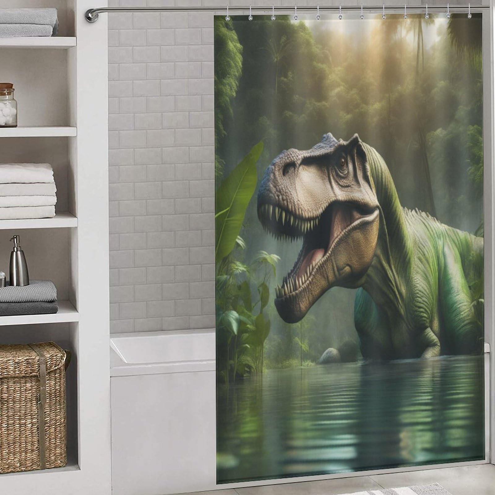 Rideau de douche dinosaure étanche fourni avec ses 12 anneaux solides