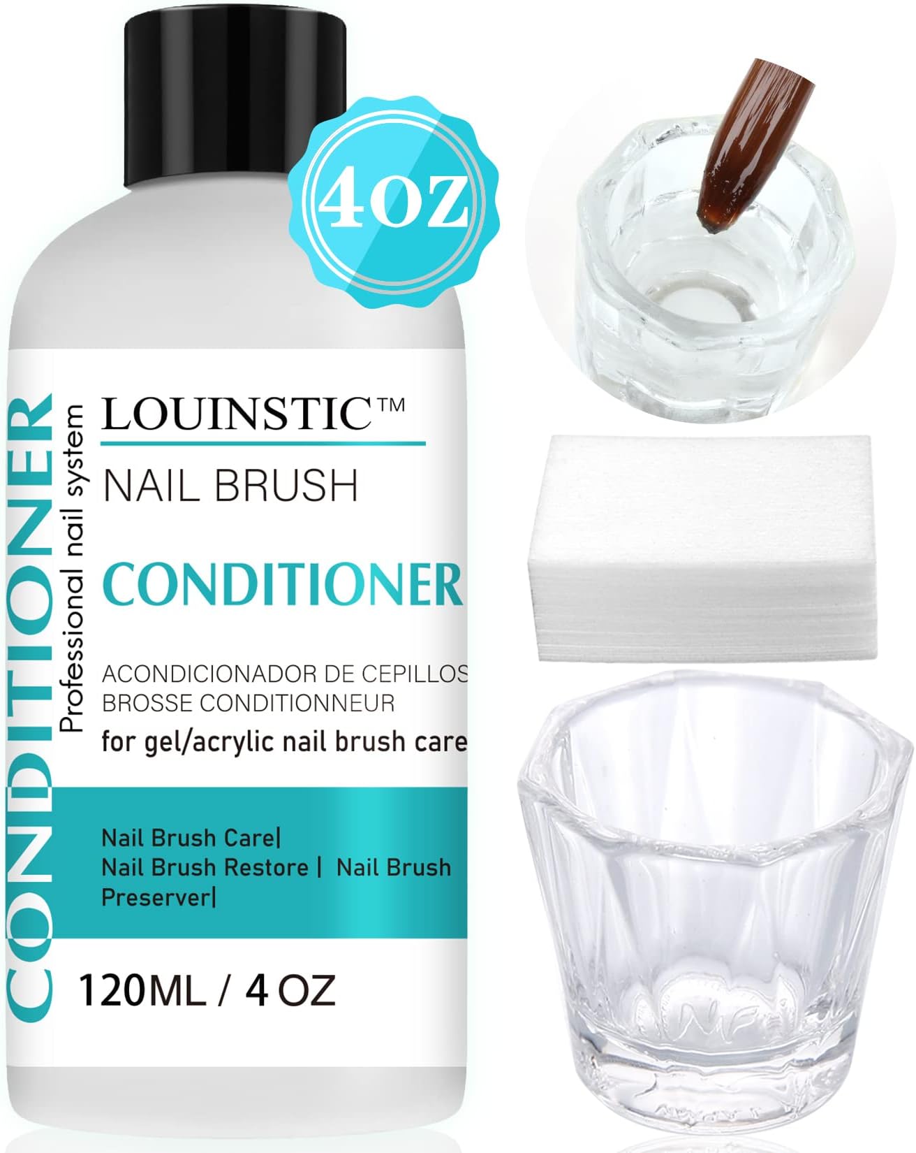 LOUINSTIC Acrylic Nail Brush Cleaner - 4 Fl.Oz, Quickly Clean Gel/Acrylic Nail Brushes, Paint Brushes, Airbrushes, Art Tools, Nail Brush Cleaner Conditioner Preserver and Restorer