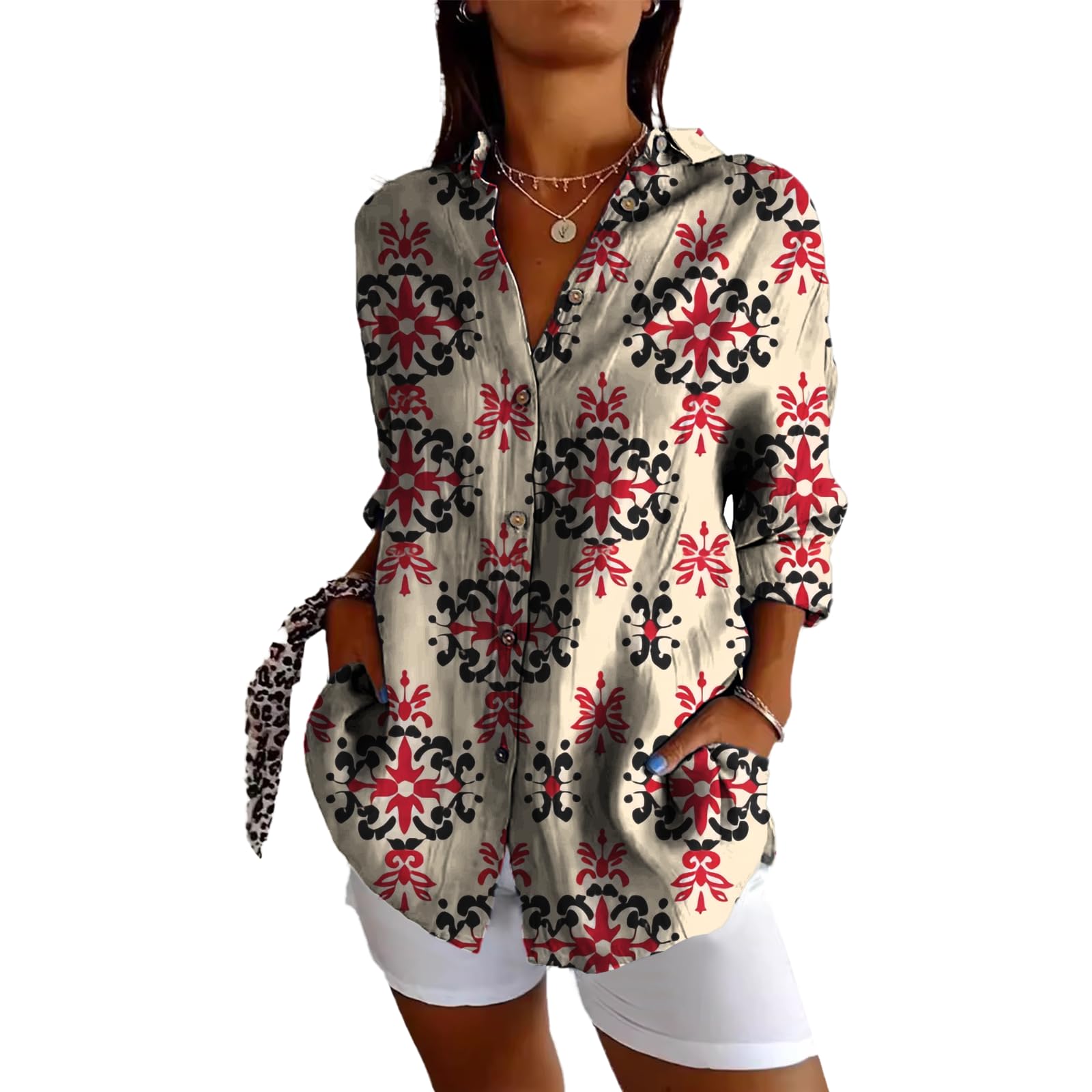 MARSVOVO Trendy V Neck Blouse for Women Button Up Relaxed Fit Lightweight Collared Tunic Blouses 3/4 Length Sleeve Comfy Beach Travel Casual Summer Tops Tidy Beige,L at Amazon Women’s Clothing store