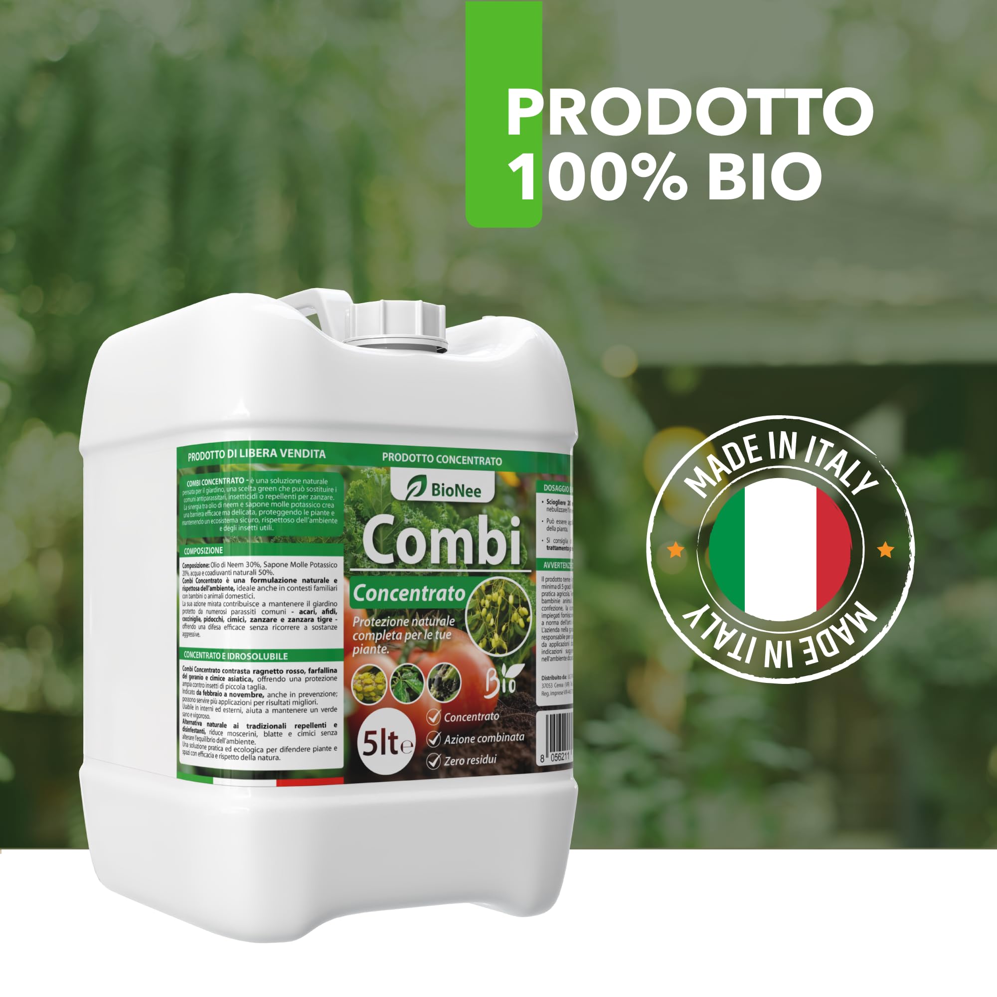 Combi Concentrato BioNee – Trattamento Naturale per Piante con Olio di Neem + Sapone Molle | Contra Afidi, Cocciniglie, Acari, Parassiti | Idrosolubile da Diluire (5 litri)