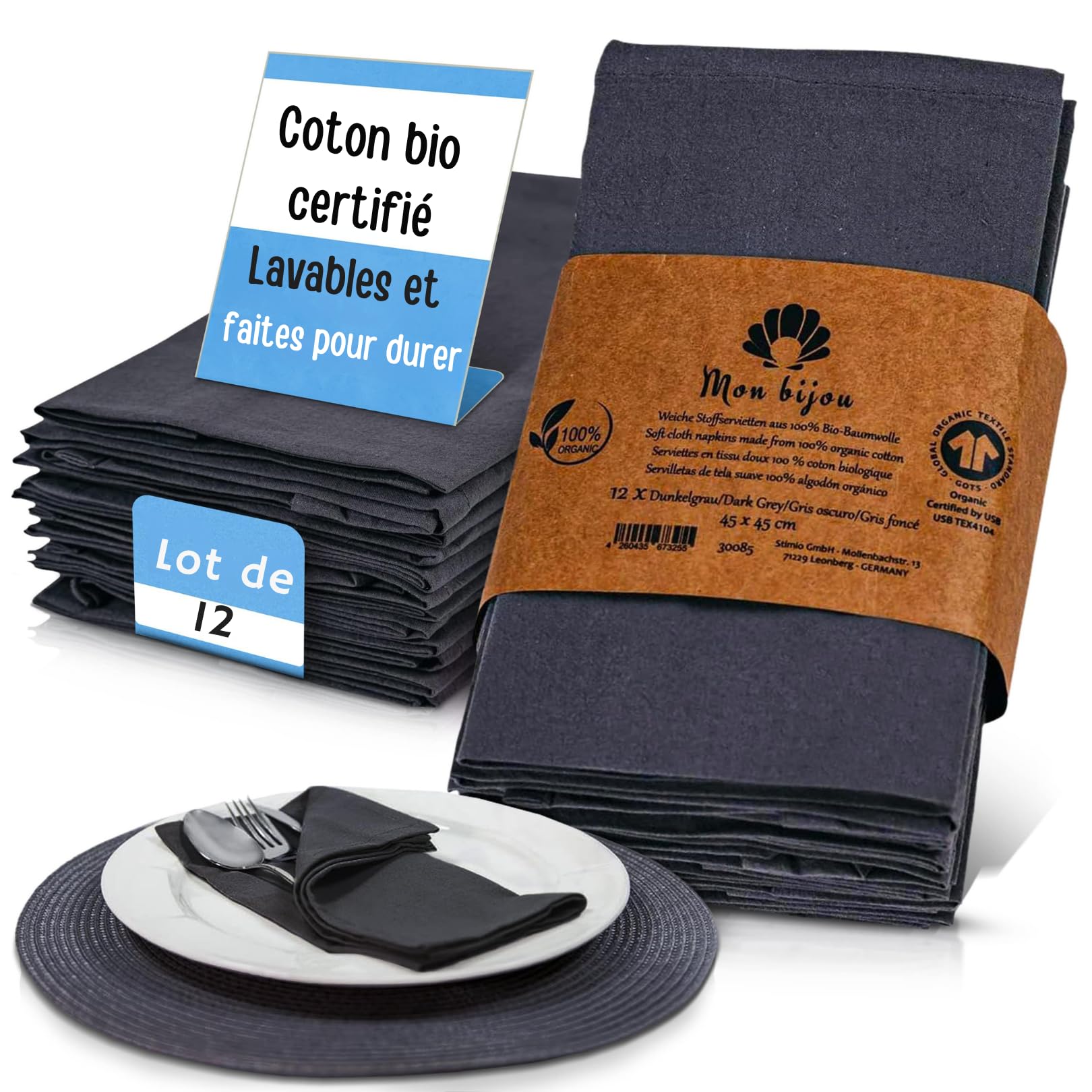 Serviettes de Table Tissu en Coton Bio GOTS mon bijou Haut de Gamme