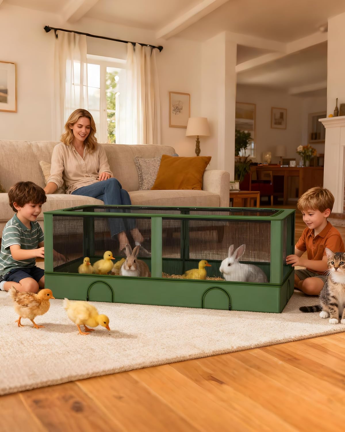 DINMO Small Animal Playpen, Chicken Brooder Box with Cover, Waterproof Indoor Outdoor Pet Cage with Sturdy Metal Frame for Bunny, Guinea Pig, Kitten, Puppy, Duck & Green