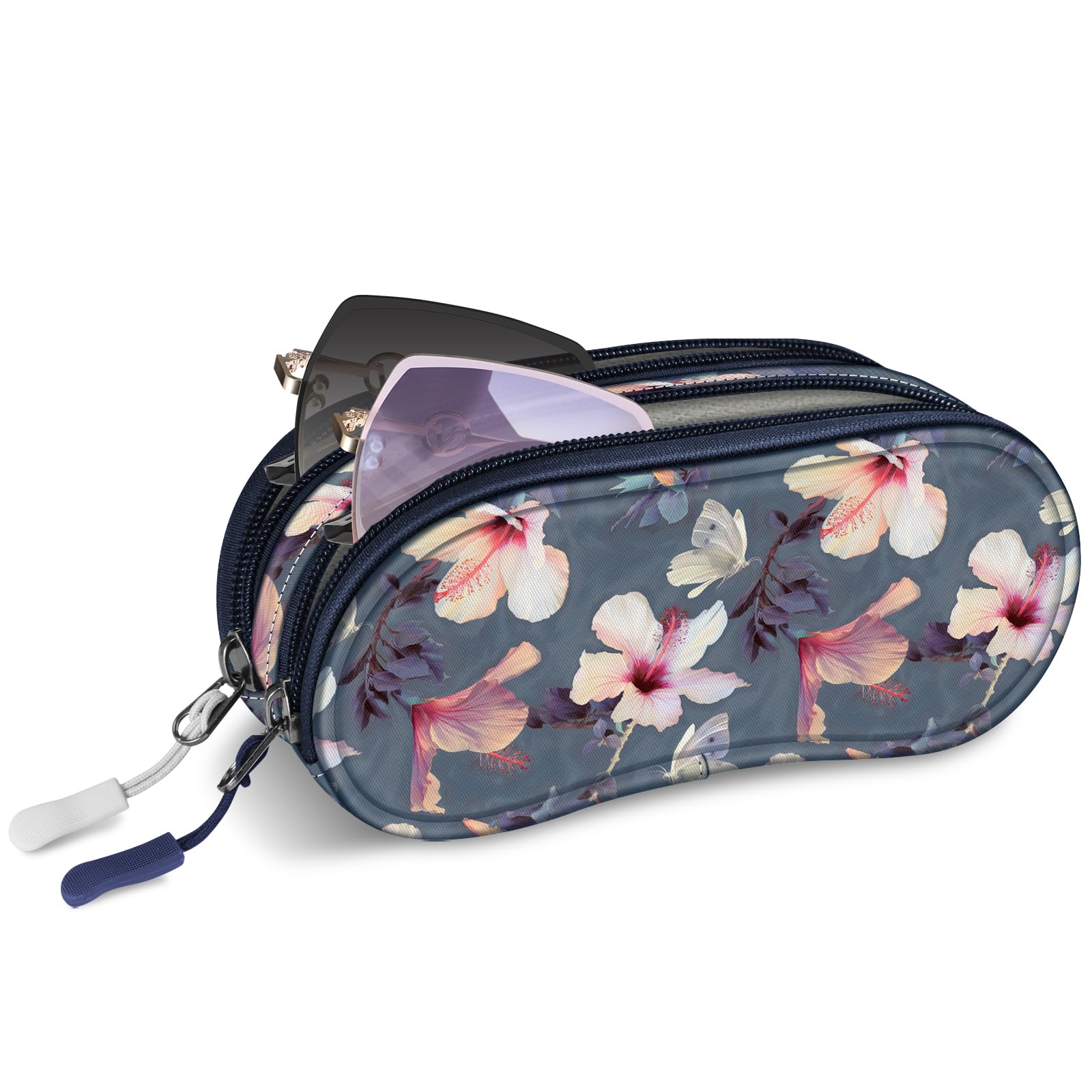 FINTIE Double Glasses Case for Men Women, Soft Portable Sunglasses Pouch with Clip, Dual Zipper Compartments, Blooming Hibiscus