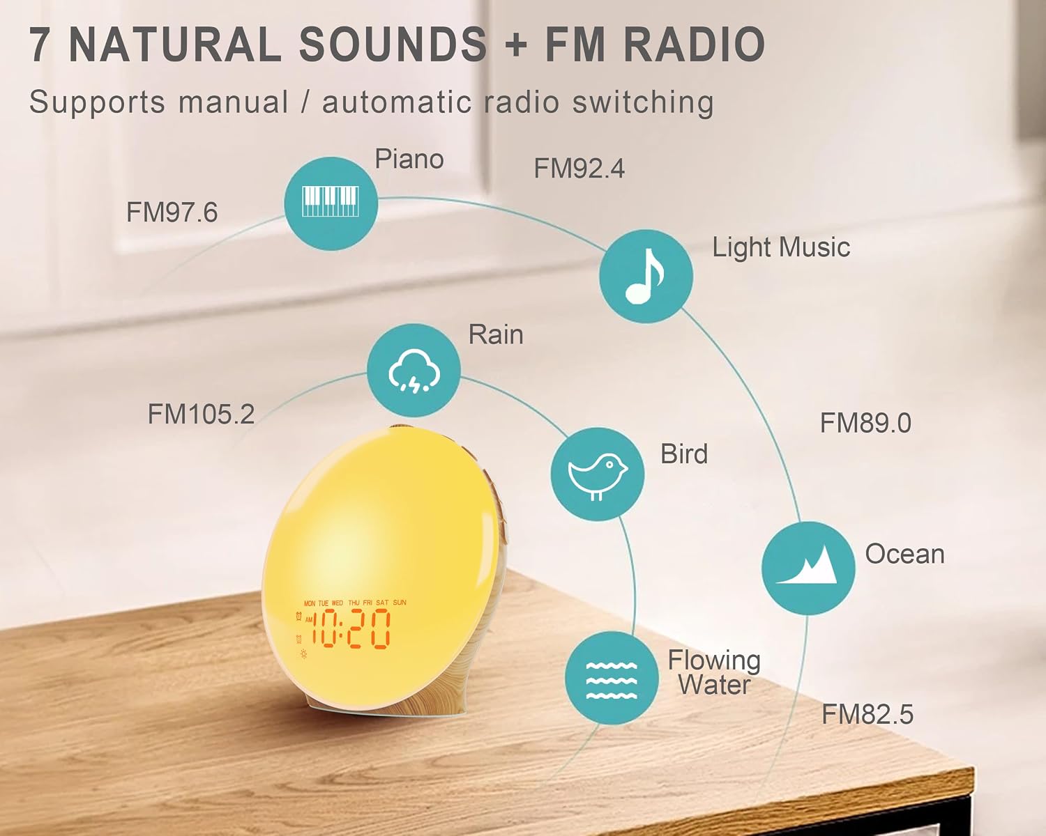 JALL Wake Up Light on a table, with icons representing various natural sounds like piano, light music, rain, bird, ocean, and flowing water, and FM frequencies.