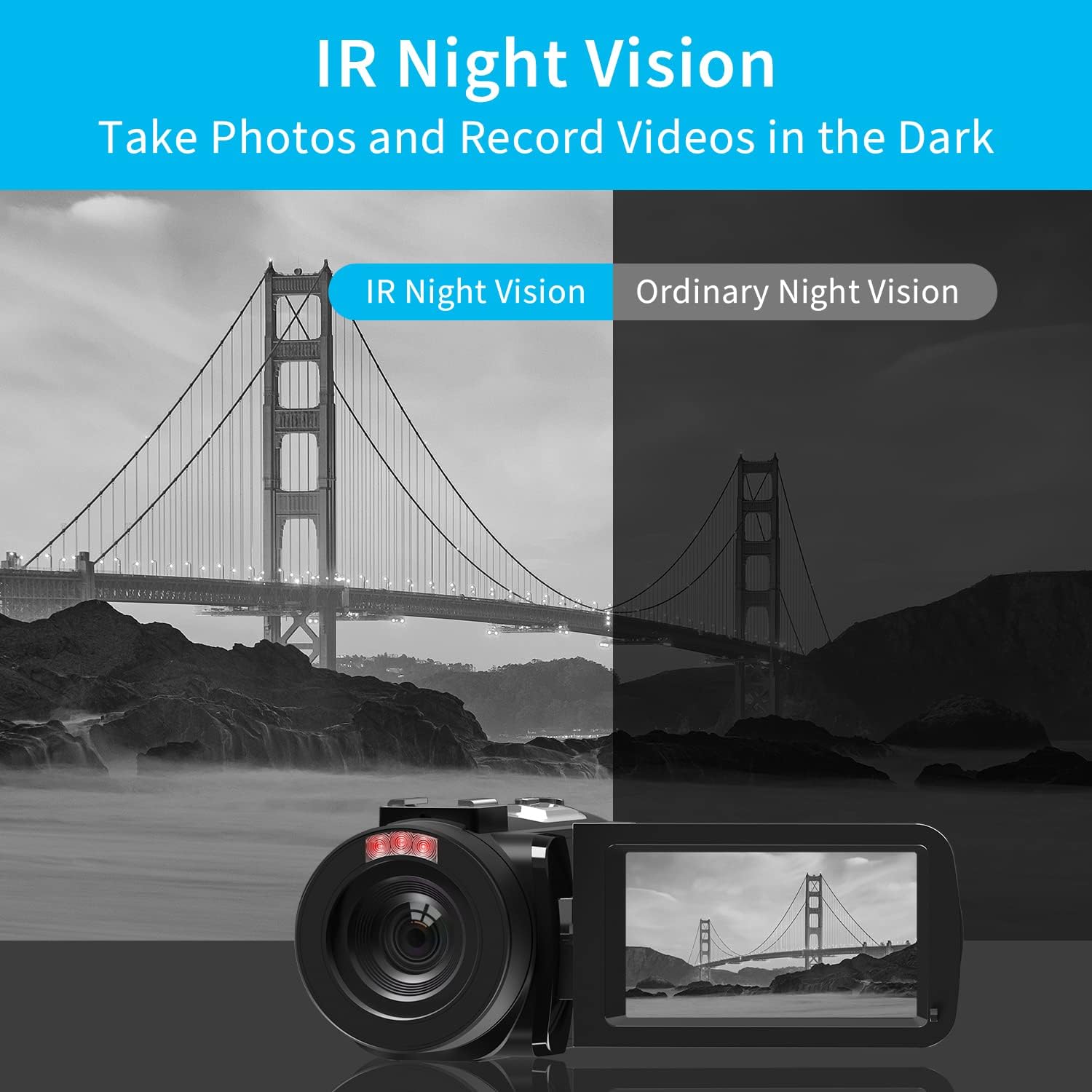 Video Camera,  Camcorder 48MP 15FPS UHD WiFi Vlogging Camera with IR Night Vision for YouTube, 3" Touch Screen 18X Digital Zoom, with Fill Light, Mic, Stabilizer, Lens Hood, Remote and 2 Batteries: 1080P-Black