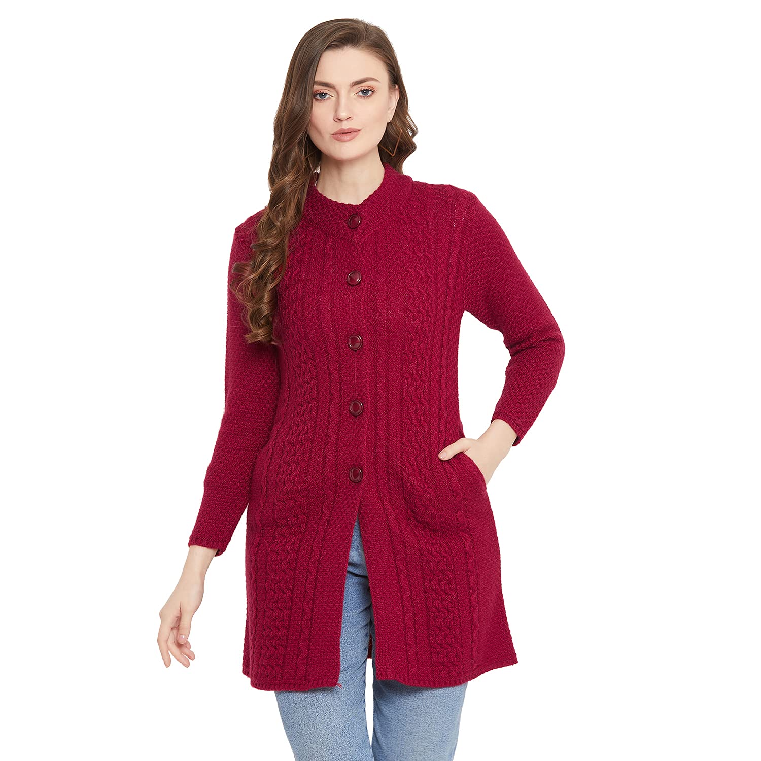 Zigo Maroon Self Design Long Sleeves Longline Cardigan Sweater -LC101-Maroon