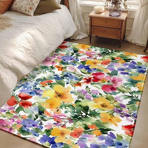Miniatura 11 de Round Rugs 3 Feet, Green Yellow Floral Non Slip Area Rugs for Living Room, Bedroom, Barhroom, Entryway, Purple Blue Watercolor Retro Leaf Soft