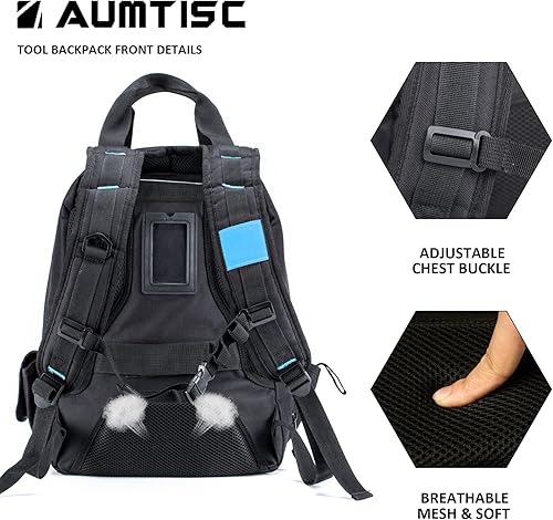 Miniatura 5 de AUMTISC Mochila de herramientas para hombres, organizador de almacenamiento de herramientas de alta resistencia, mochila para trabajos de