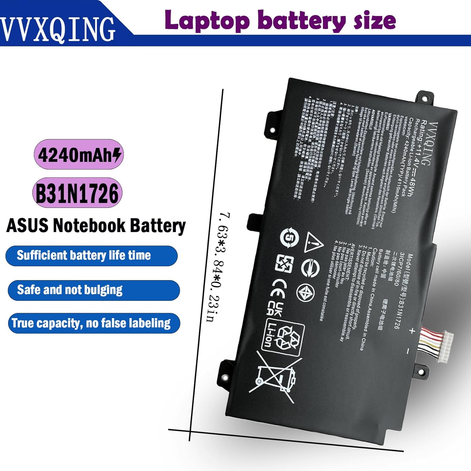 VVXIQNG B31N1726 48Wh Battery Replacement for Asus TUF Gaming FX505DY FX505DT FX505DV FX505DU Series A17 FA706II A15 FA506 FA506IH FA506IU Series FX86 FX86FE FX86FM Series 11.4V 4110mAh-ae1xx