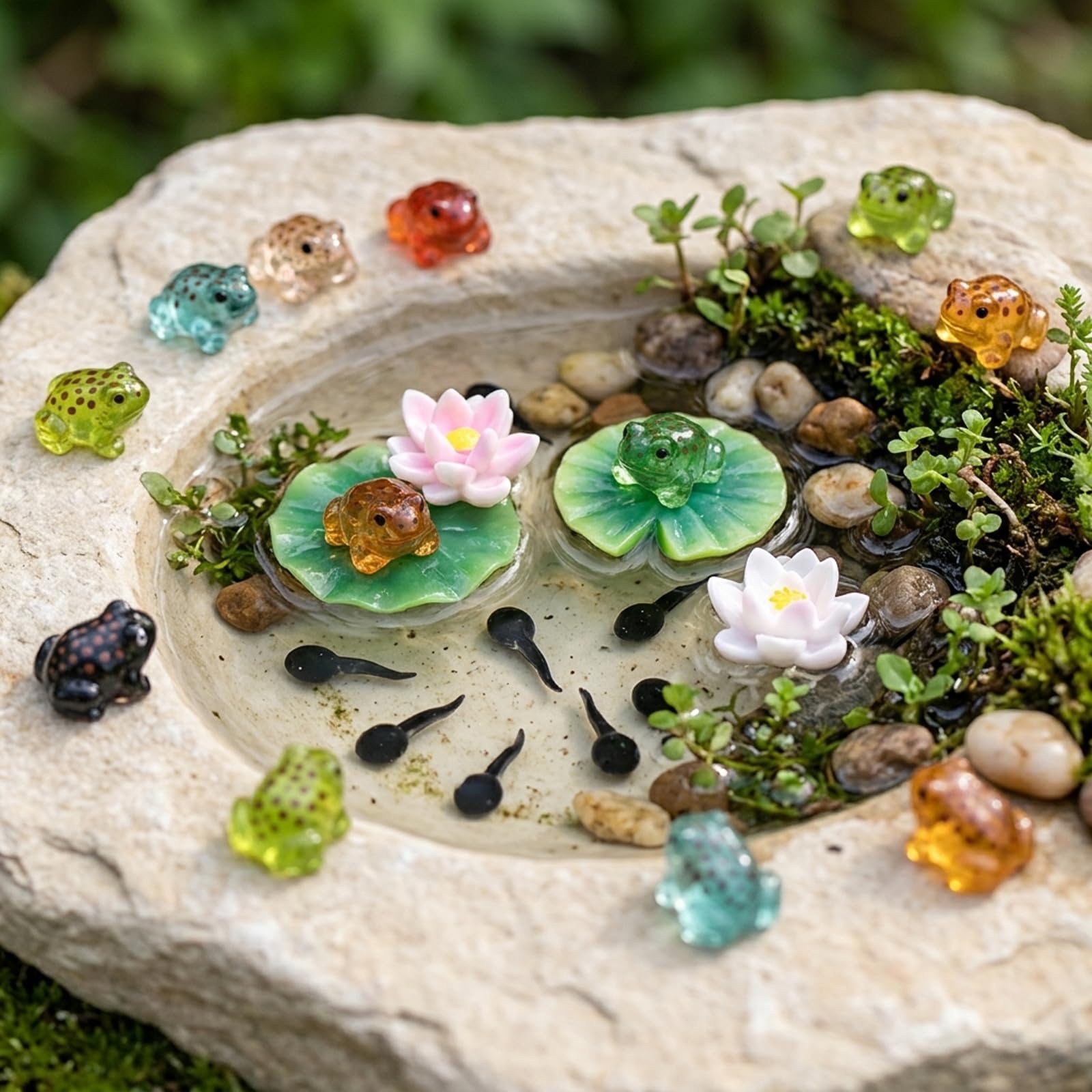 QhgPnt 35-Piece Set for Frog Pond and Fish Pond Decorations, Resin Frogs and Lotus Flower for Tadpole Tank, Pond Accessories Mini Luminous Frogs Lily Leaves, For Ponds Small Decoration