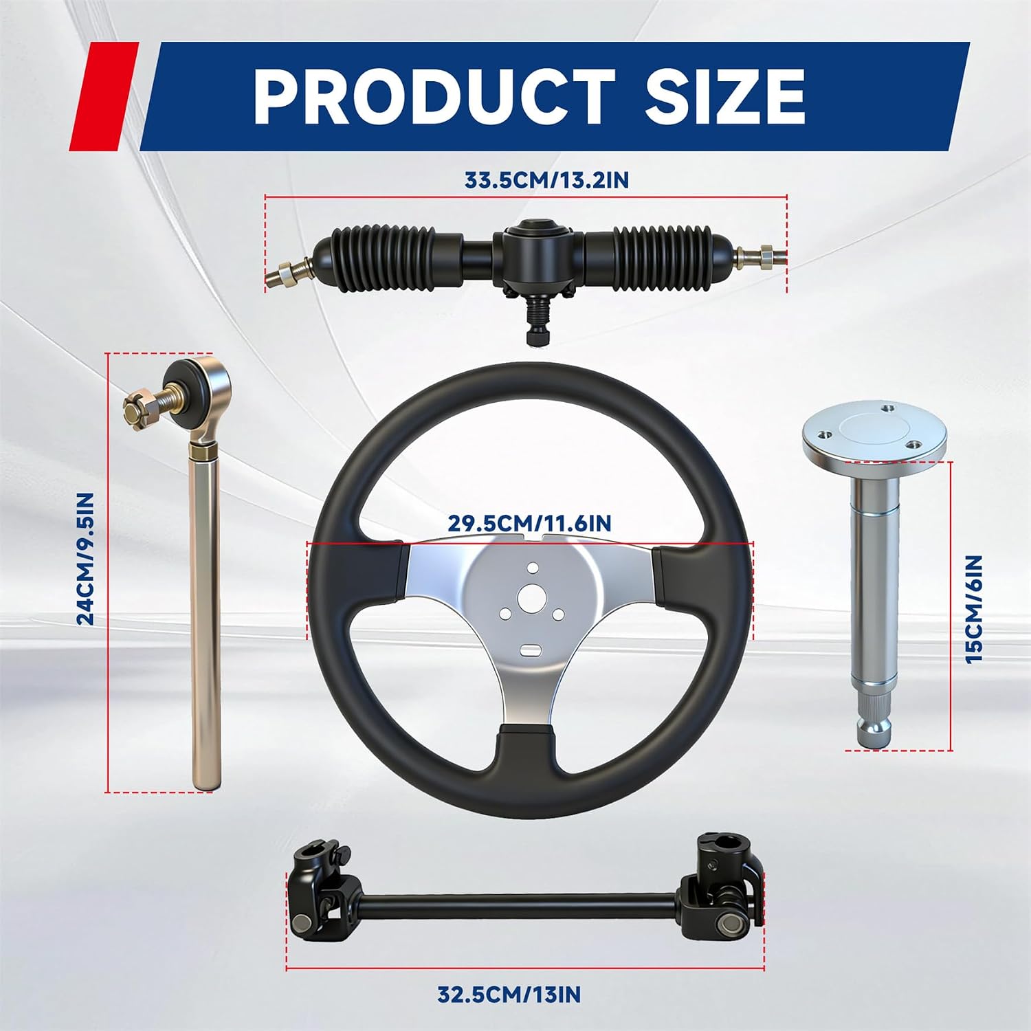 waltyotur 300mm Steering Wheel Steel Kit 320mm Gear Rack Pinion Adjustable Shaft Set Replacement for 110cc Go Kart ATV Buggy Quad