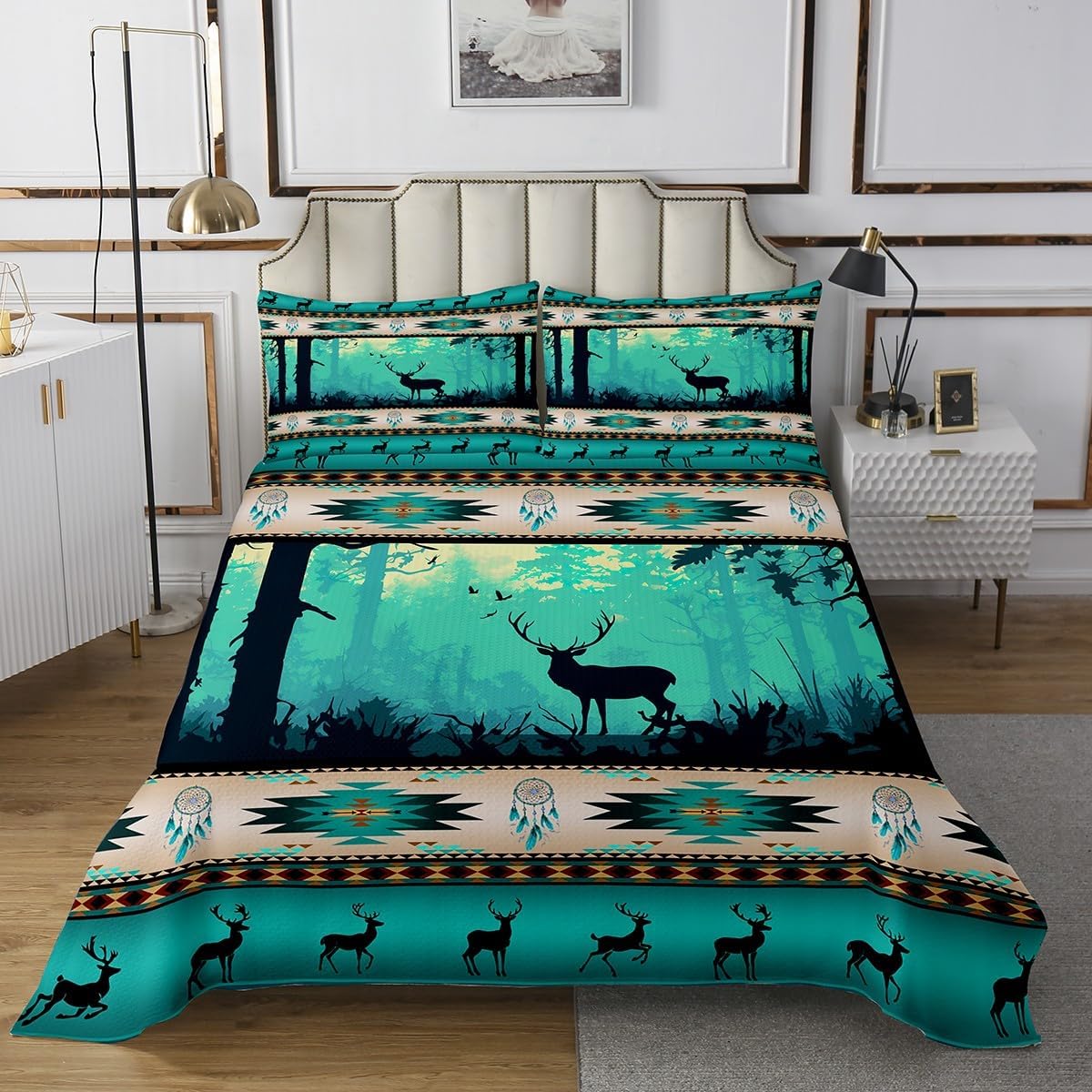 Deer Hunter Quilt Set King Southwestern Native Aztec Western Bedspread Set,Bohemian Dream Catcher Coverlet Set Moose Reindeer Indian Tribal Geometric Bedding Set,Country Farmhouse Rustic Room Decor