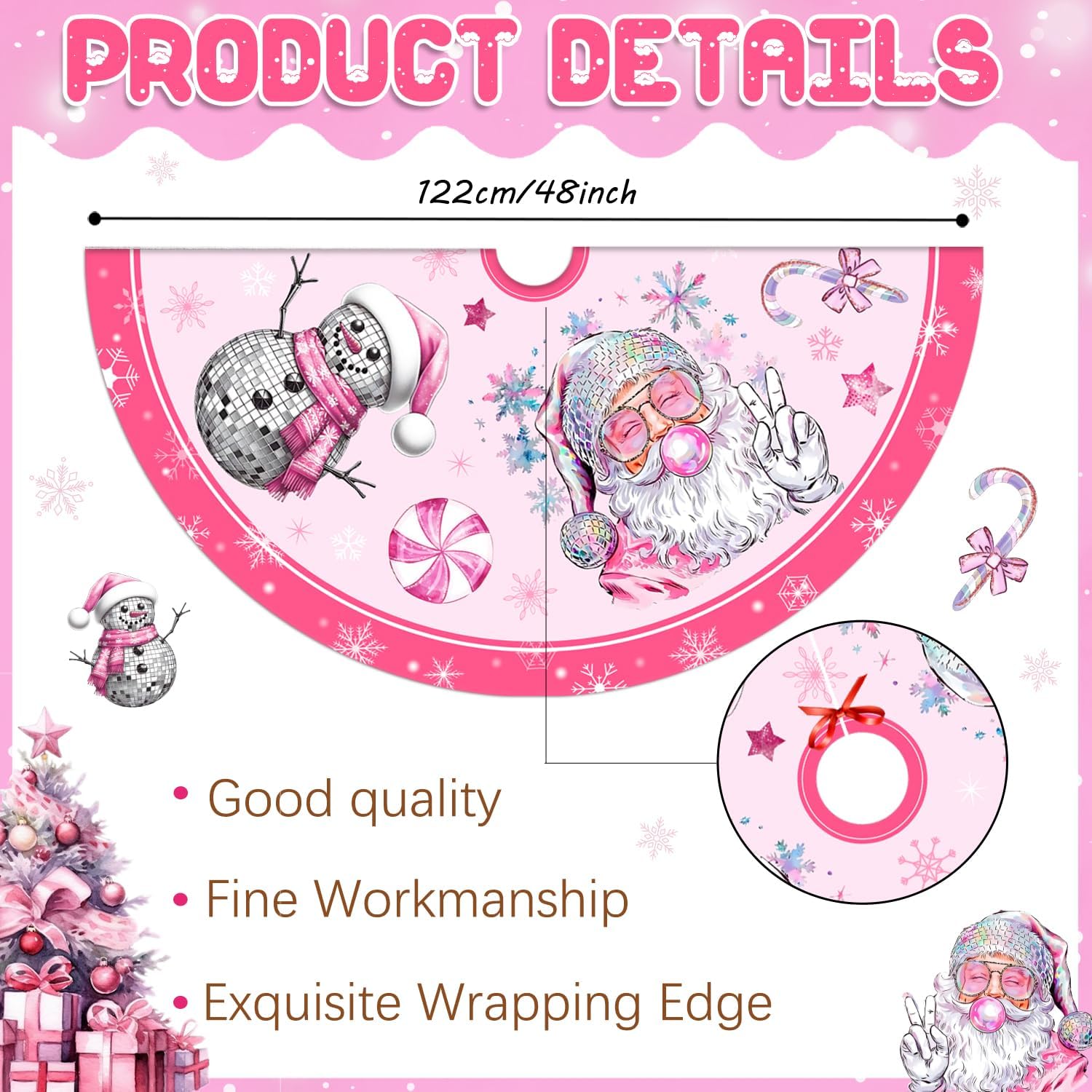 Pink Christmas Tree Skirt Disco Ball Snowman and Santa Claus Christmas Tree Skirt 48Inch Merry Xmas Party Decorations for Holiday Winter New Years Winter