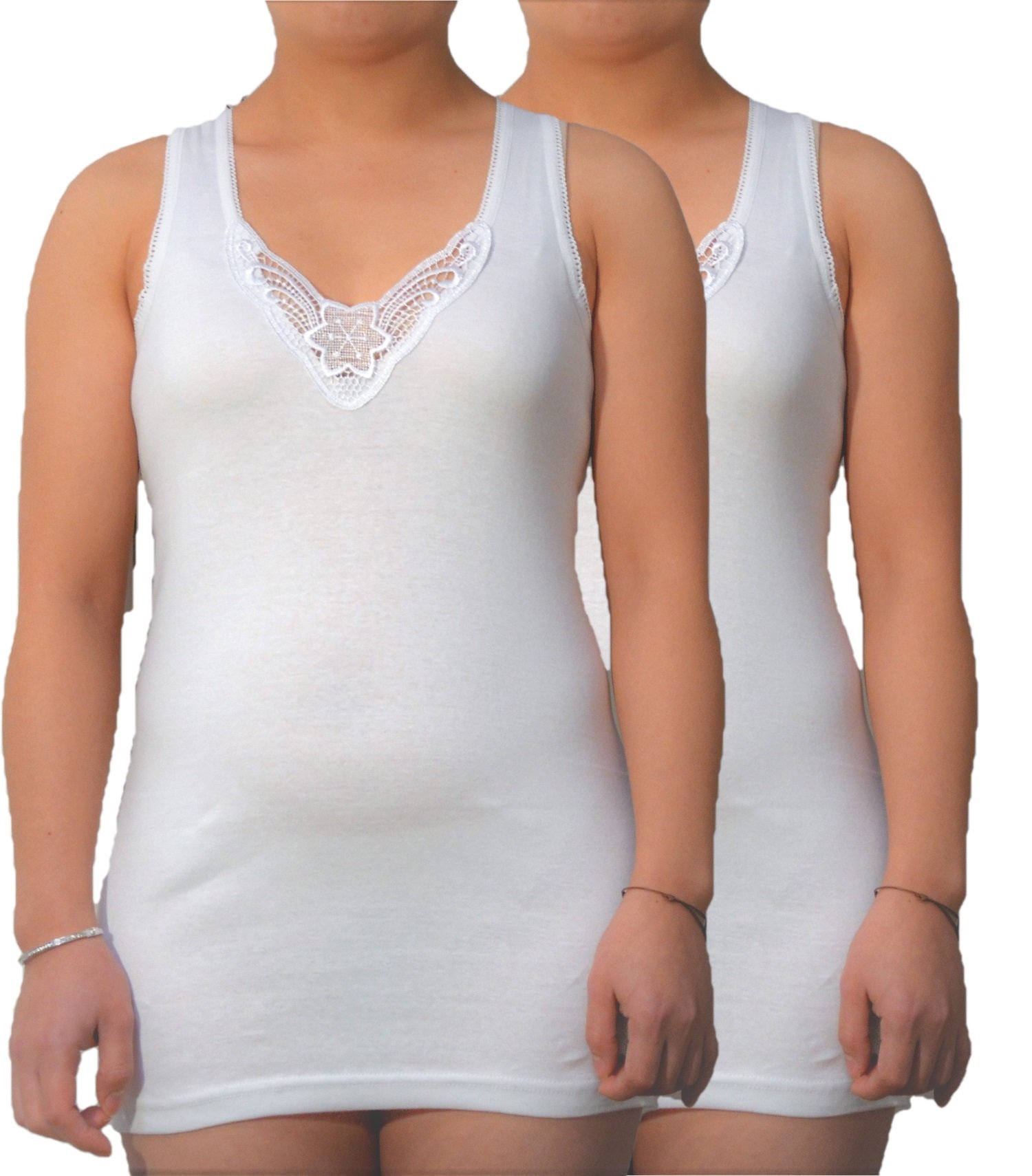 Débardeur Bretelles Fines Femme Lot De 2 - 100% Coton Peigné Premium, Col Dentelle, Blanc Ou Noir