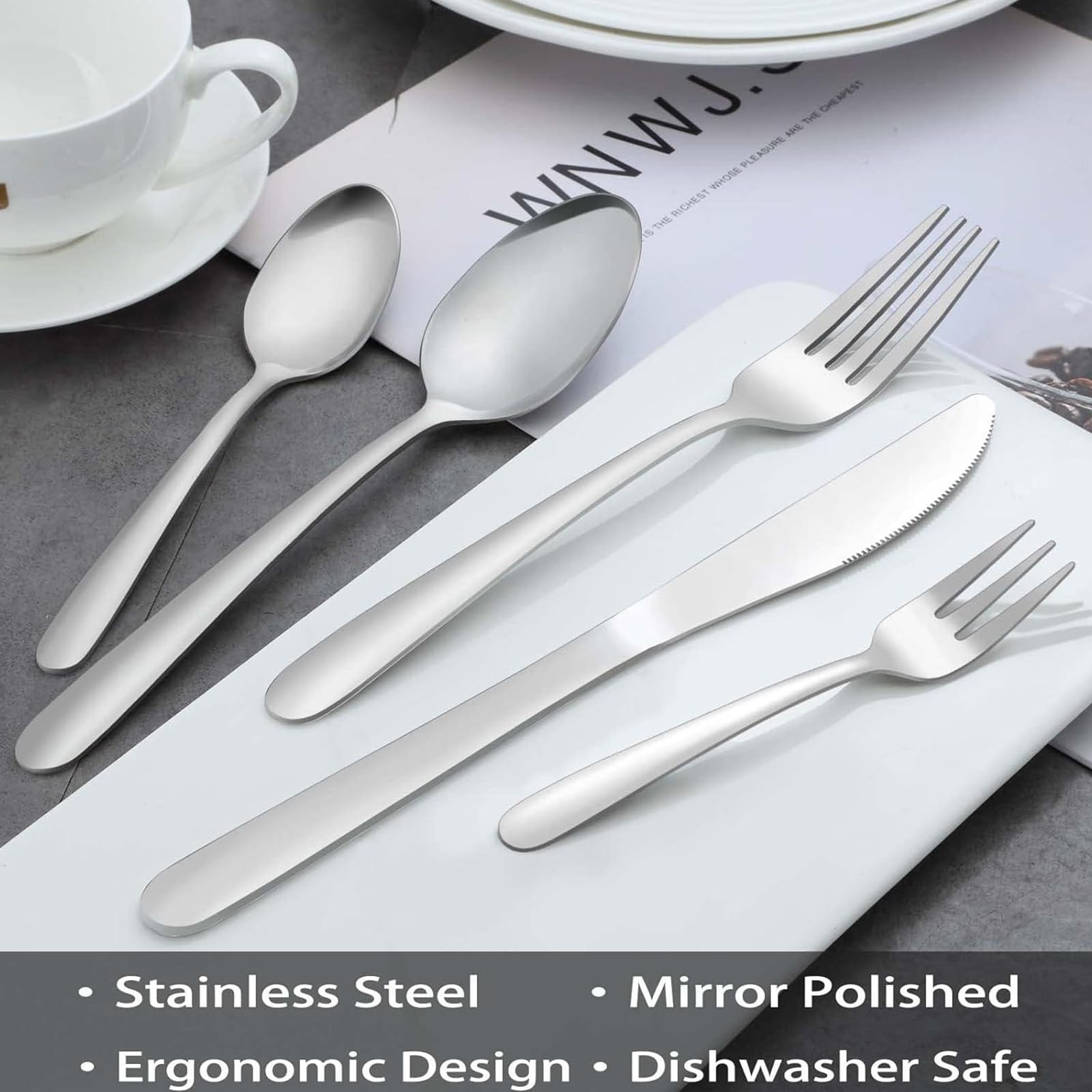 BEWOS Set di 16 Coltelli da Tavola, Coltelli da 9,1''(23,2cm), Coltelli da Cena in Acciaio Inox, Iucidati a Specchio, Lavabili in Lavastoviglie, Coltelli da Tavola per la Casa, il Ristorante e l'hotel