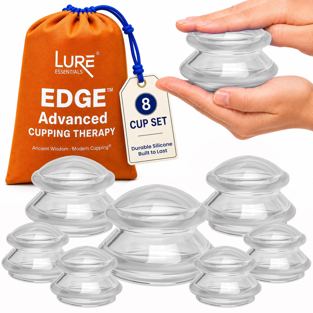 Set di 8 ventose per massaggi professionali in silicone per massaggio, rilassamento miofasciale, riduzione della cellulite (trasparente esca)