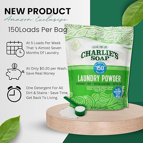 Miniatura 3 de Charlie's Soap Polvo de lavandería nuevo (150 cargas, 1 paquete) Polvo de lavandería de limpieza profunda a base de plantas hipoalergénico sin