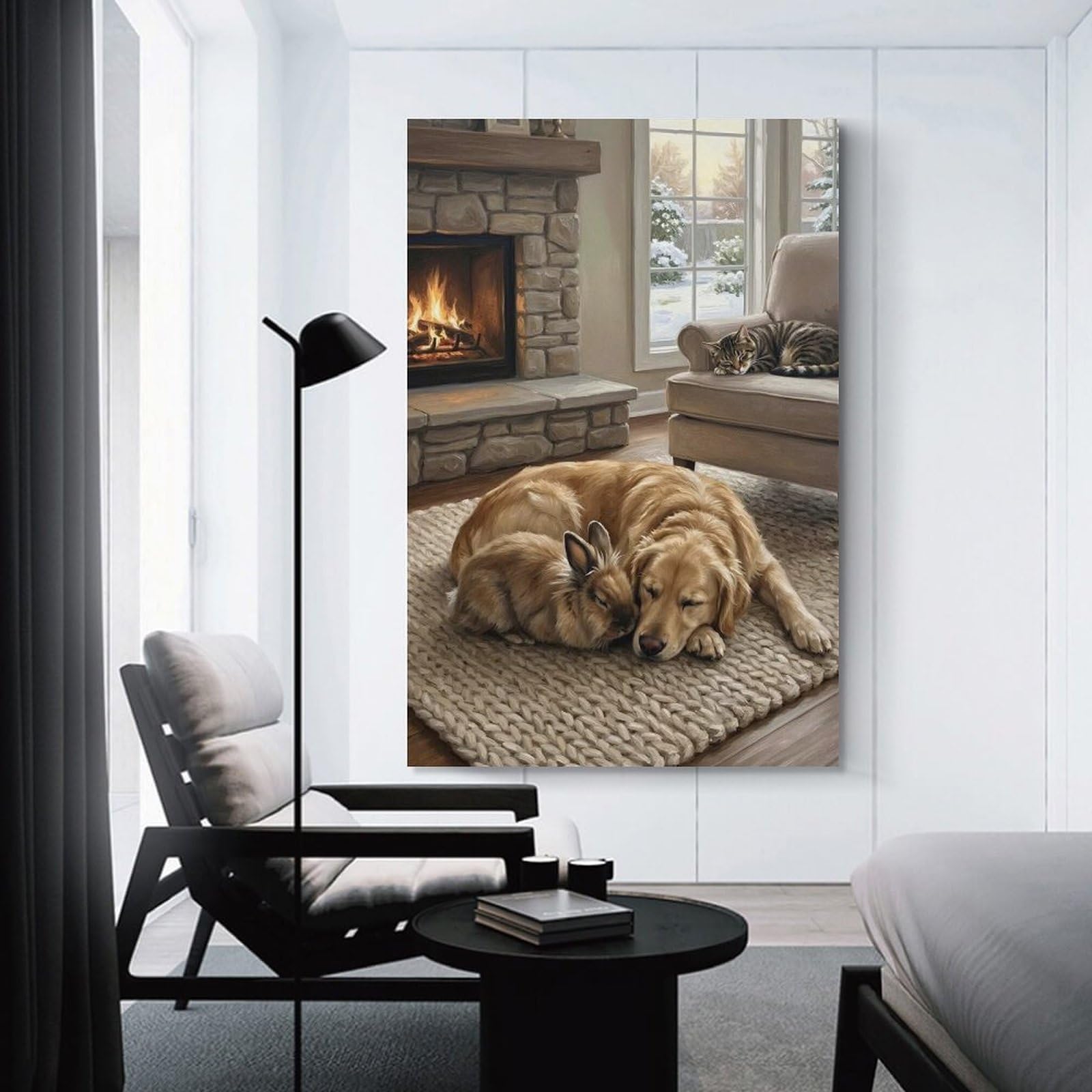 Junmoney Wall Art Print Cozy Animals by Fireplace, 08x12inch(20x30cm), for Bedrooms, Workspaces And Everyday Interiors, Stylish Home Artwork for Focal Walls