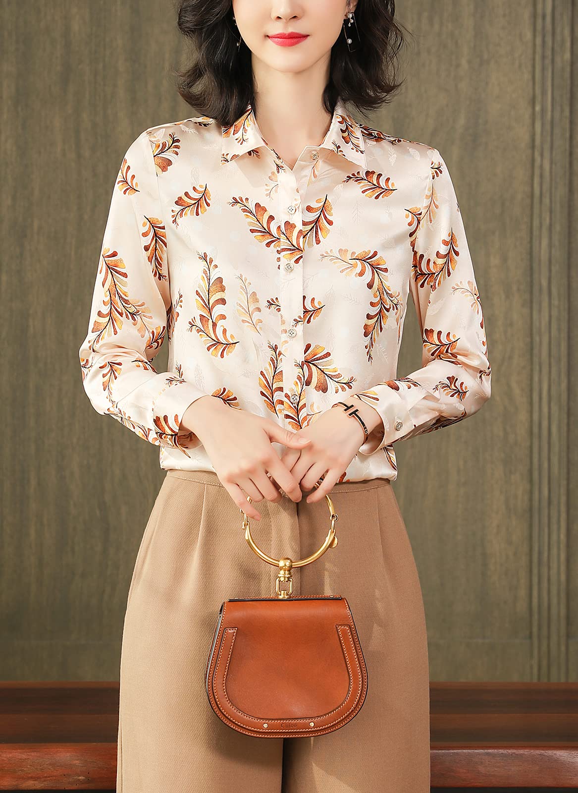 E-girl Blusa de seda para mujer con estampado de botones camisas de mujer blusa de manga larga solapa blusa de seda, S6618