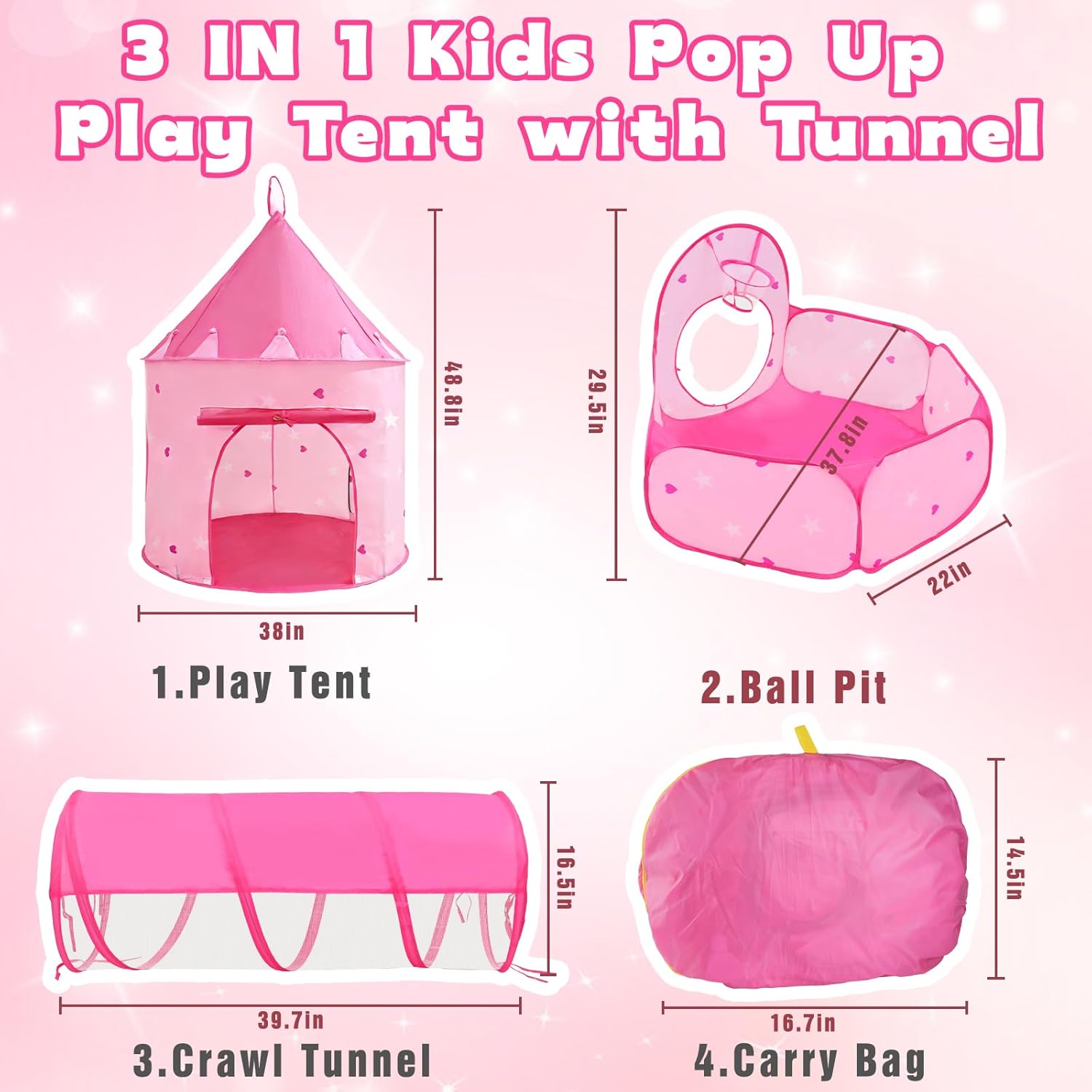 3 in 1 kids play tent with tunnel & ball pit,pop up playhouse for toddlers boys girls,indoor outdoor foldable space tent set for birthday balls not included(pink heart)
