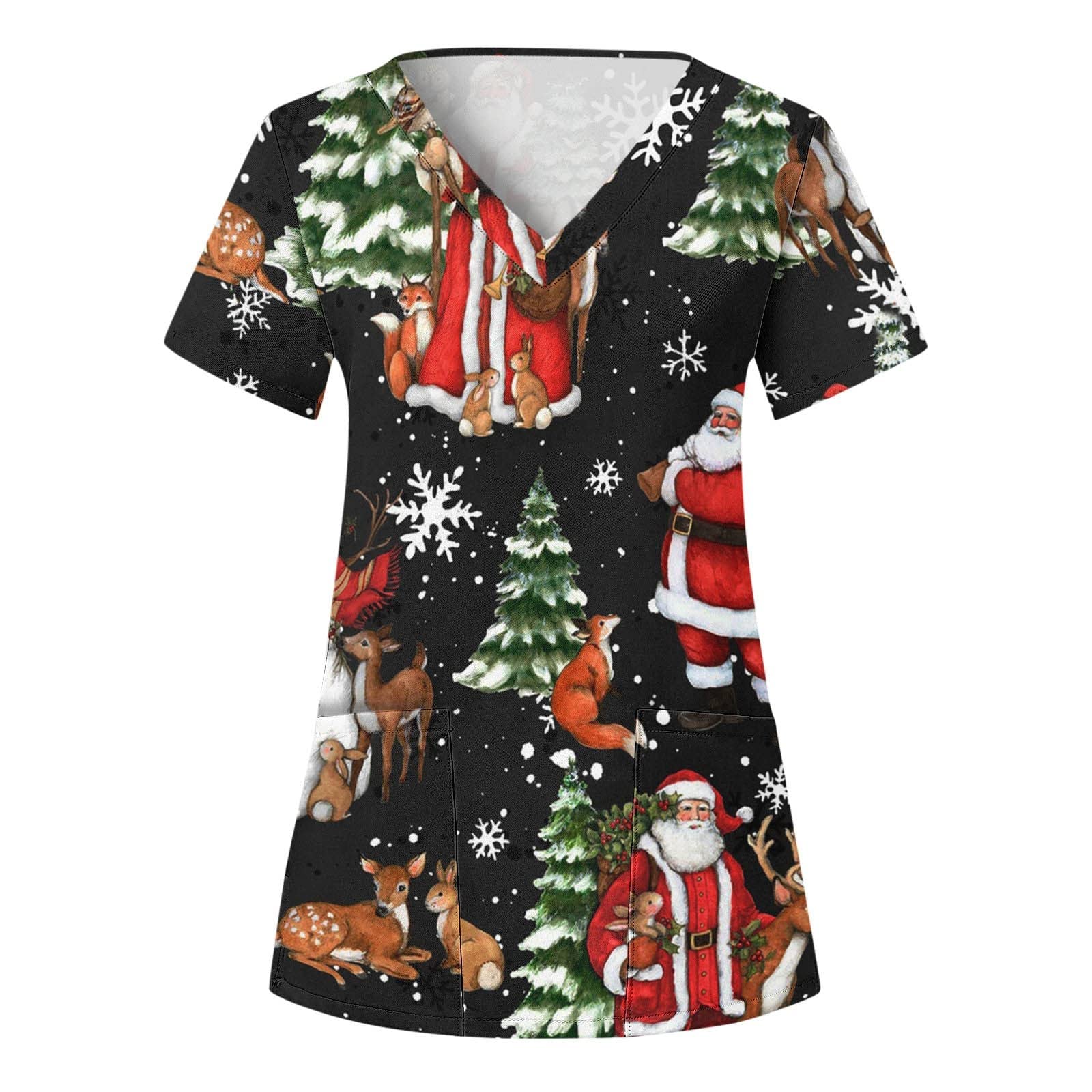 Christmas Scrubs Uniforms Women Nurses Uniform Healthcare Medical Scrubs  Tops Hospital Working Uniforms with Pockets