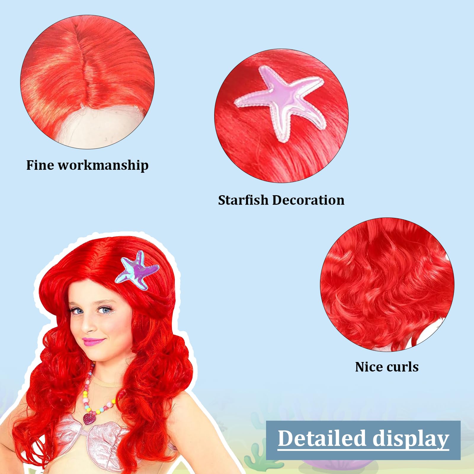Parrucca Per Bambini a Forma Di Sirena Costume Da Sirena Parrucca Principessa Cosplay Accessori Parrucca Rossa Lunga Ondulata Anime Parrucca Ariel Sirenetta Bambina Per Carnevale, Feste a Tema,Cosplay