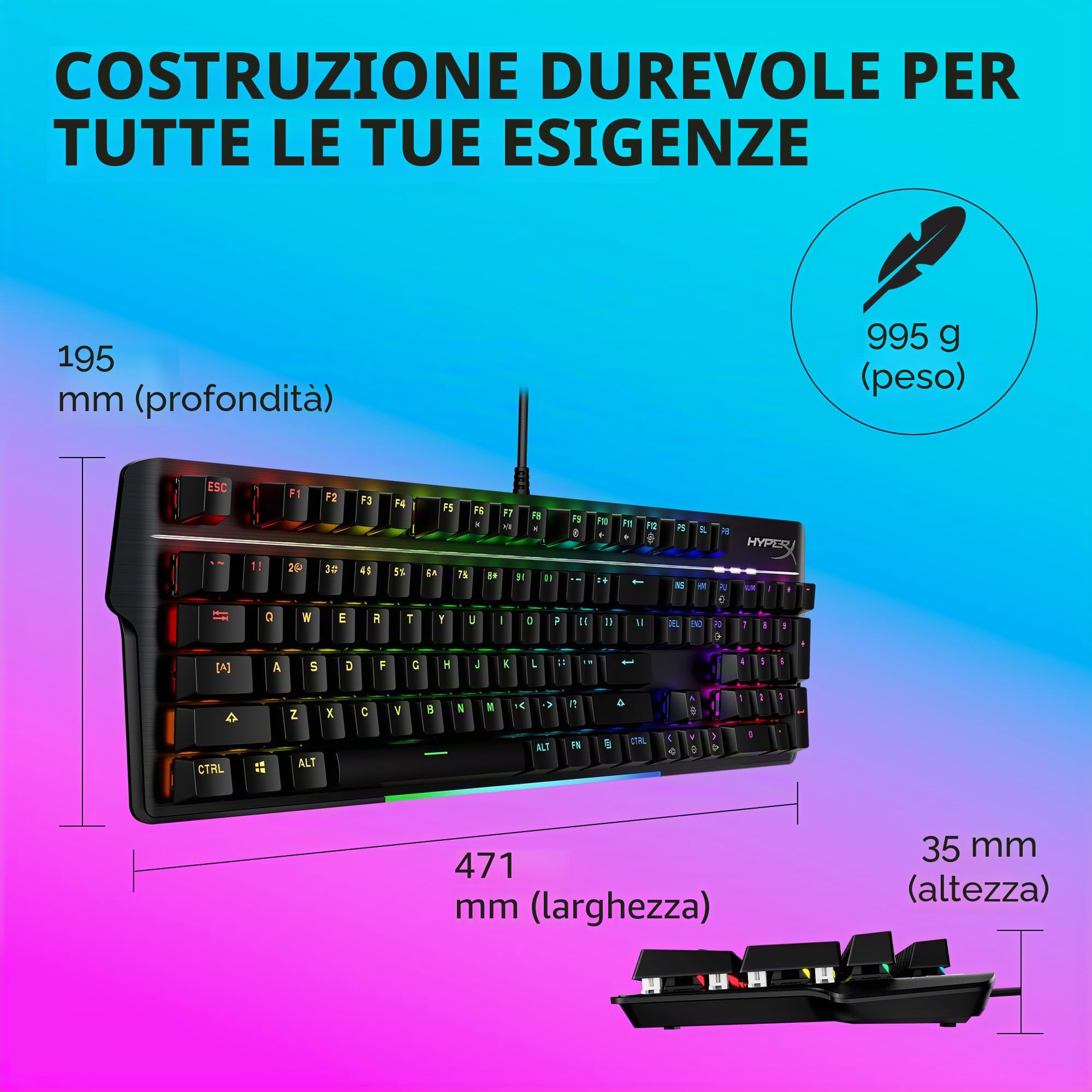 HyperX Alloy MKW100, Tastiera Meccanica da Gaming Cablata, Illuminazione RGB, 5 Livelli Luminosità, Telaio Alluminio, 50 Milioni di Pressioni Garantite, Poggiapolsi Scollegabile, Layout Inglese, Nera