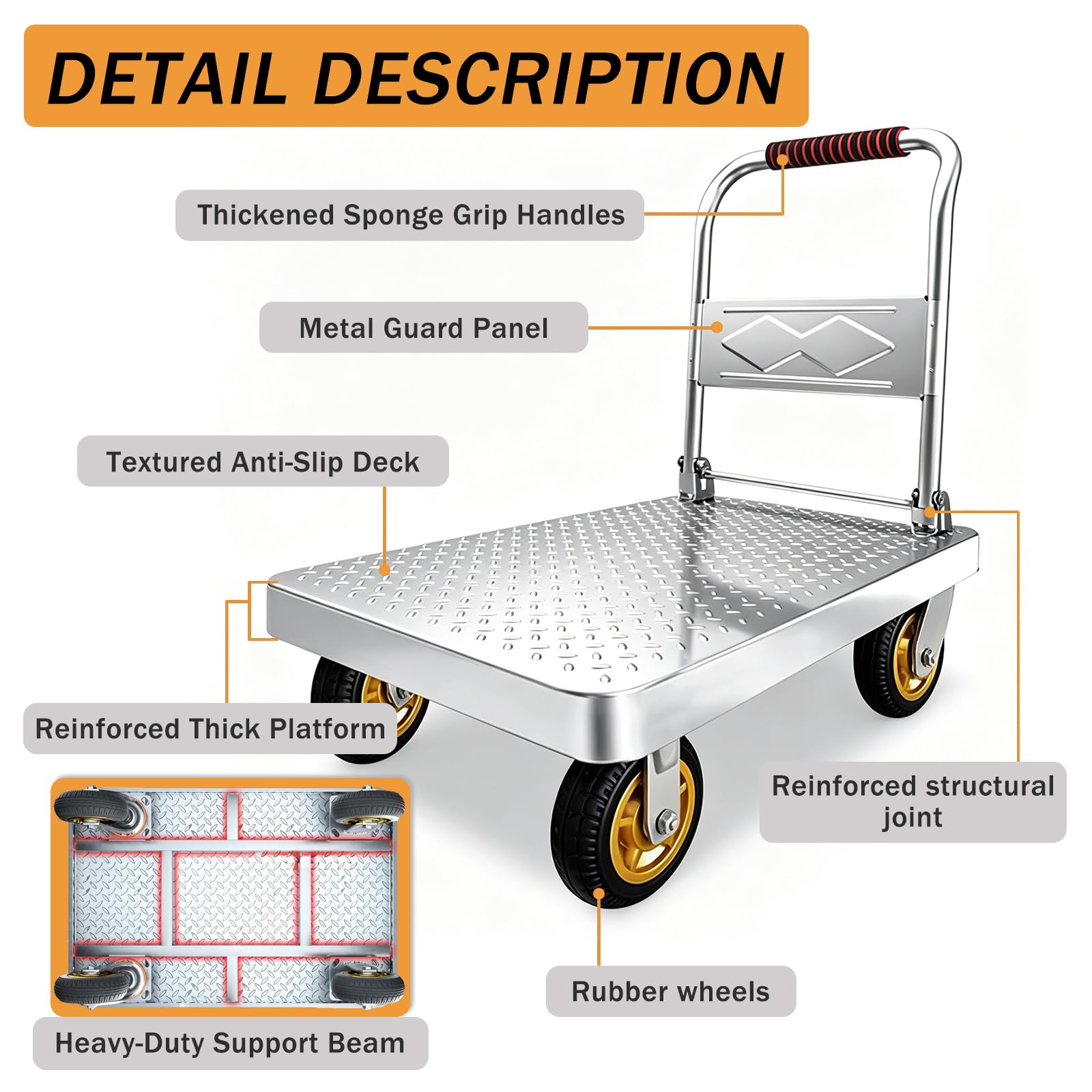 Carrello con Piattaforma Pieghevole per Carichi Pesanti da 100/230/500 Kg- Elevata Capacità di Carico&Trasporto Ruote Girevoli-Carrello Portapacchi Trasporto Adatto per Esterni e Interni (73x48cm)