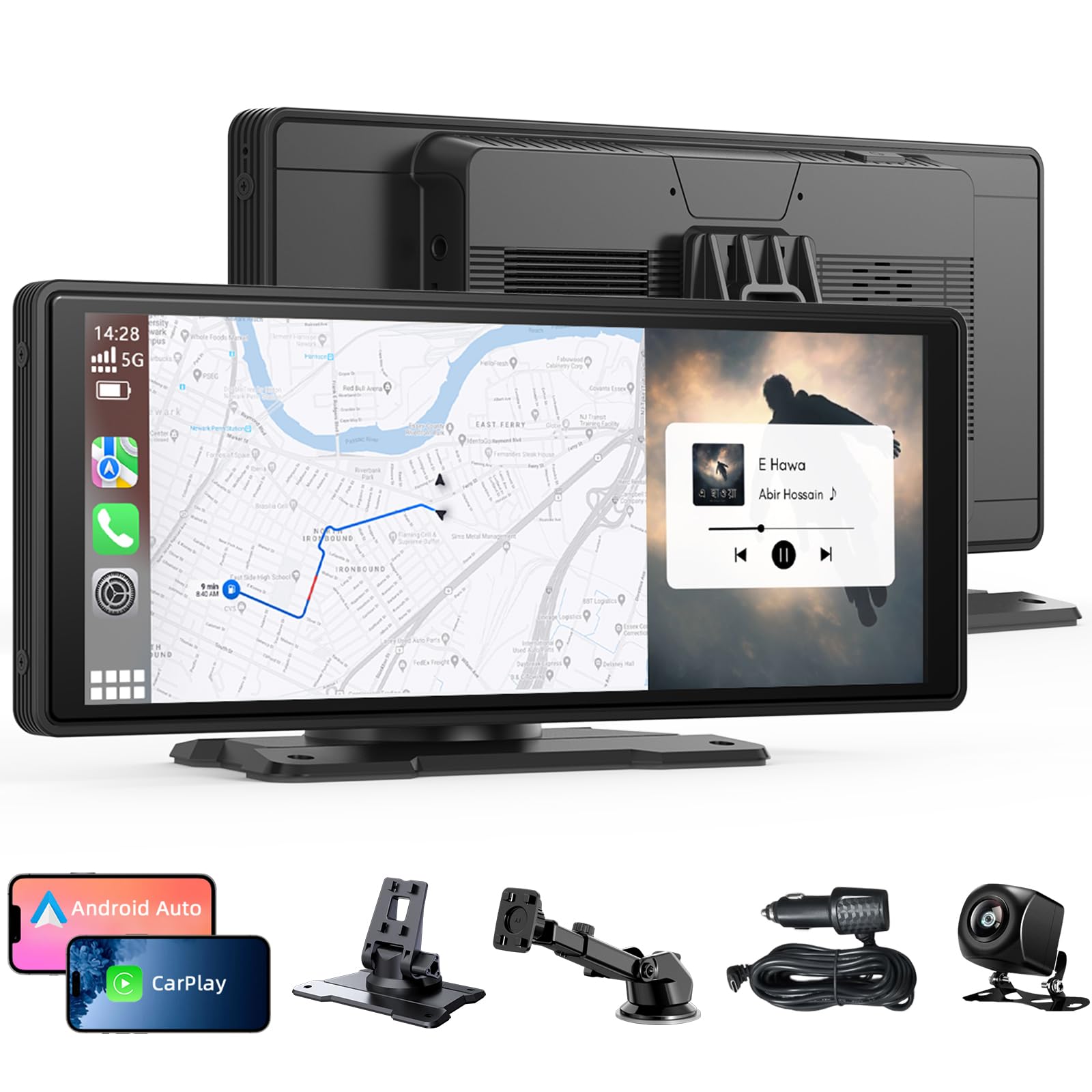 10.26" Pantalla Carplay Coche, Táctil Pantalla con 1080P Cámara Retrovisora para Apple y Android, Soporta Control por 2.4GHz +5GHZ WiFi/Voz Control/FM/Mirror Link/AUX con Navegación GPS/BT