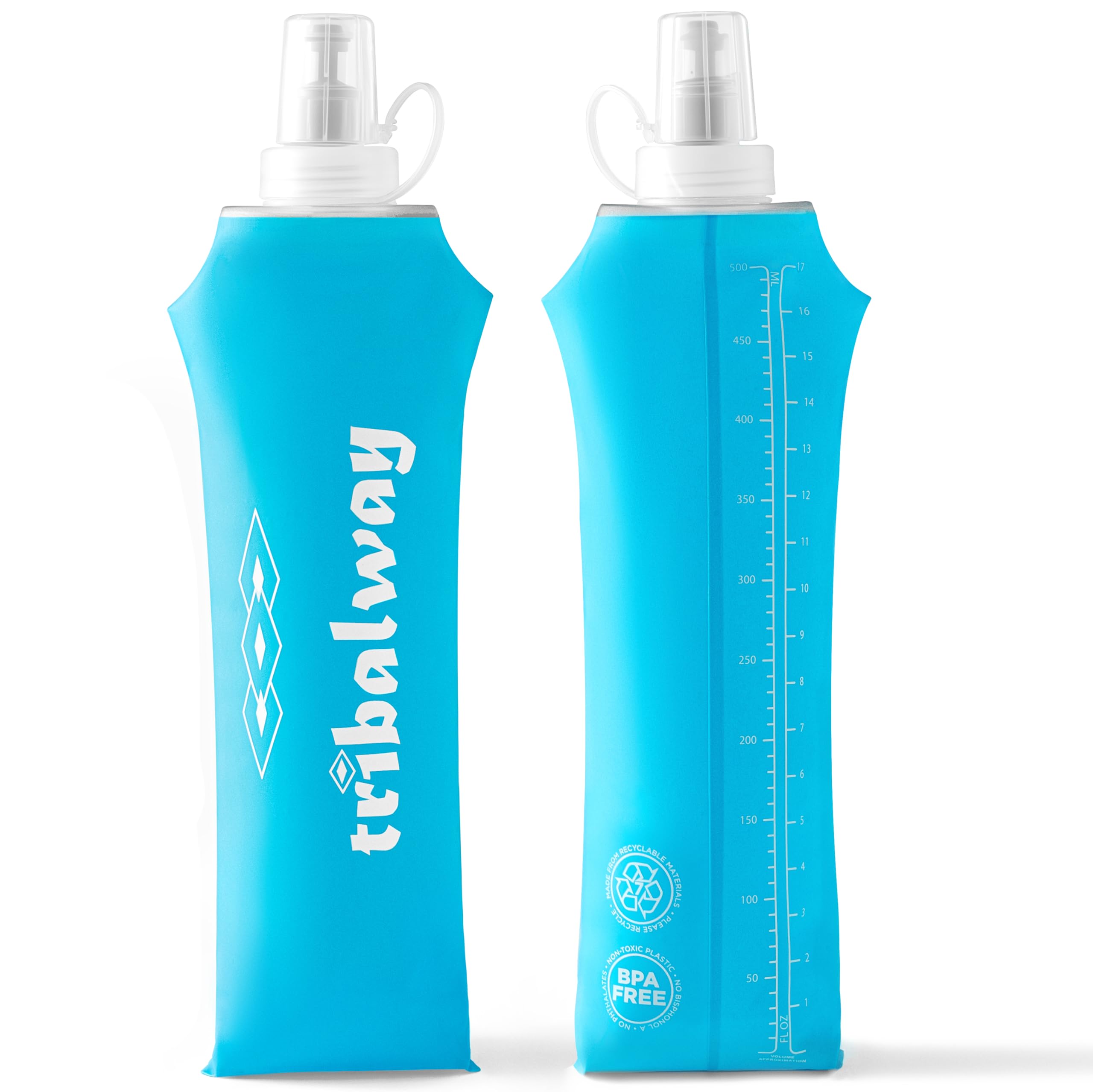 Tribalway 2 x Soft Flask 500ml – Running Water Bottles | Collapsible Soft Flask for Hydration Vest | BPA-Free Water Bottle for Running, Hiking, Cycling | Leakproof & Lightweight (Blue)