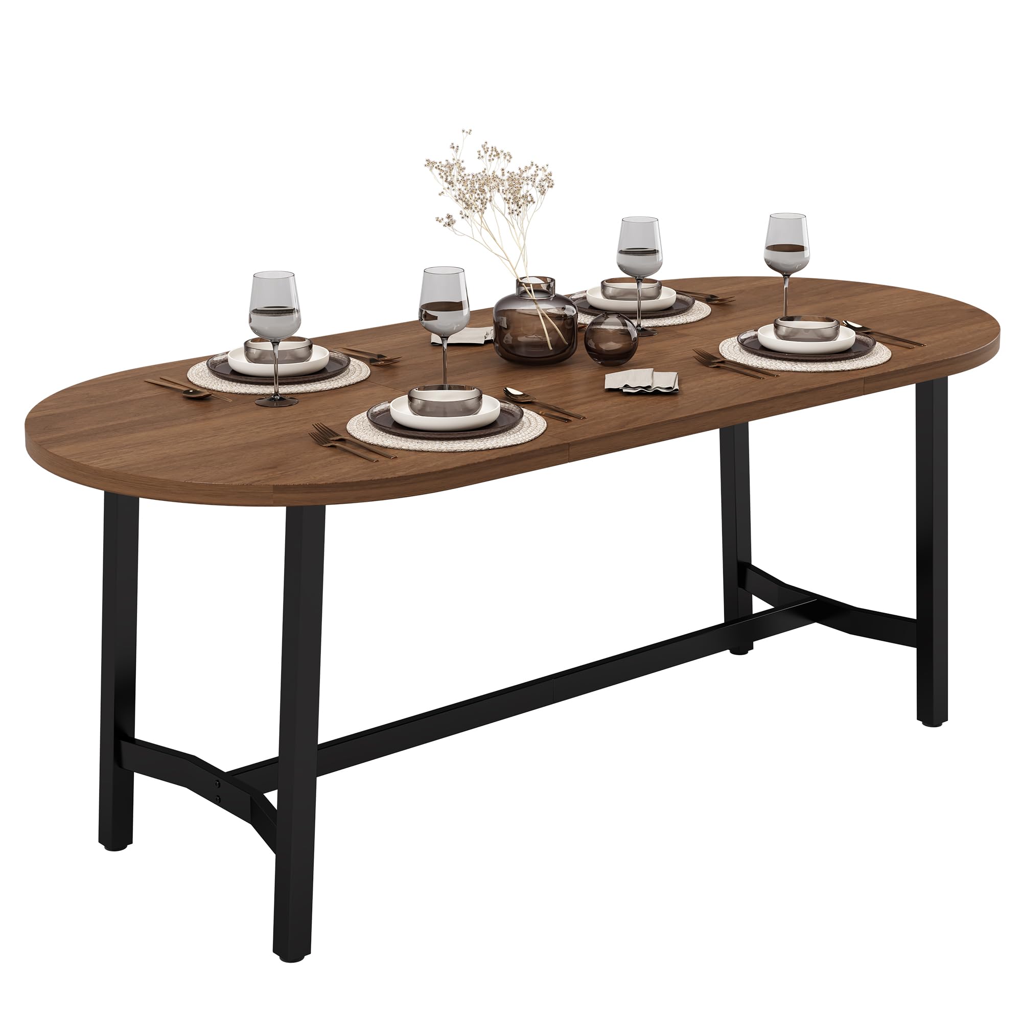 Mesa de comedor 180 x 80 x 75 cm, adecuada para 6 – 8 personas, con esquinas redondeadas, estilo sencillo, patas de mesa de hierro, color nogal, nogal