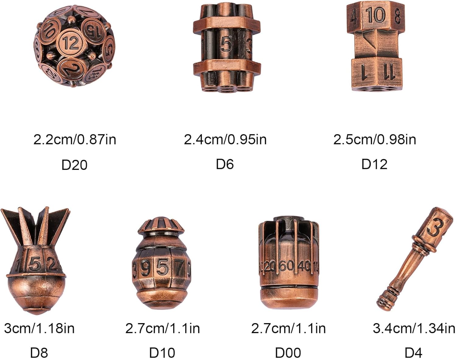 UDIXI Metal DND Dice Set Polyhedral 7-Die Bomb-Shaped Metal D&D Dice Set with Leather Pouch for RPG and Other Tabletop Game(Ancient Copper)