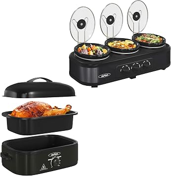 Sunvivi 14 Quart Roaster Oven & Triple Black Slow Cooker Bundle, Electric Slow Cooker Roaster Oven with SeIf-Basting Lid, Slow Cooker Buffet Servers and Warmer with Adjustable Temp
