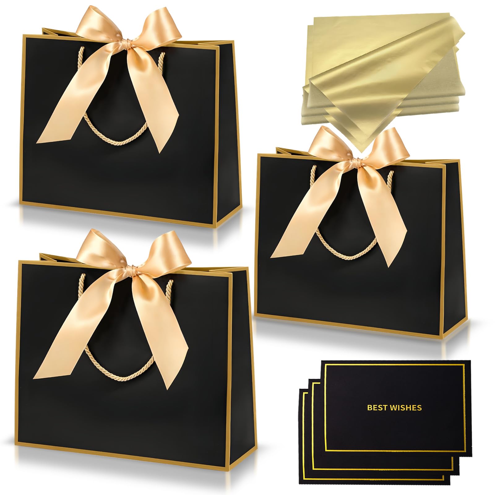 Medium Black Gold Gift Bags for Present,Paper Party Bags with Handles,3Pcs Birthday Gift Bag with Ribbons 6 Tissue Paper 3 Cards for Girls Boys Women Men Bridesmaid Wedding Baby Shower Christmas โ image 1